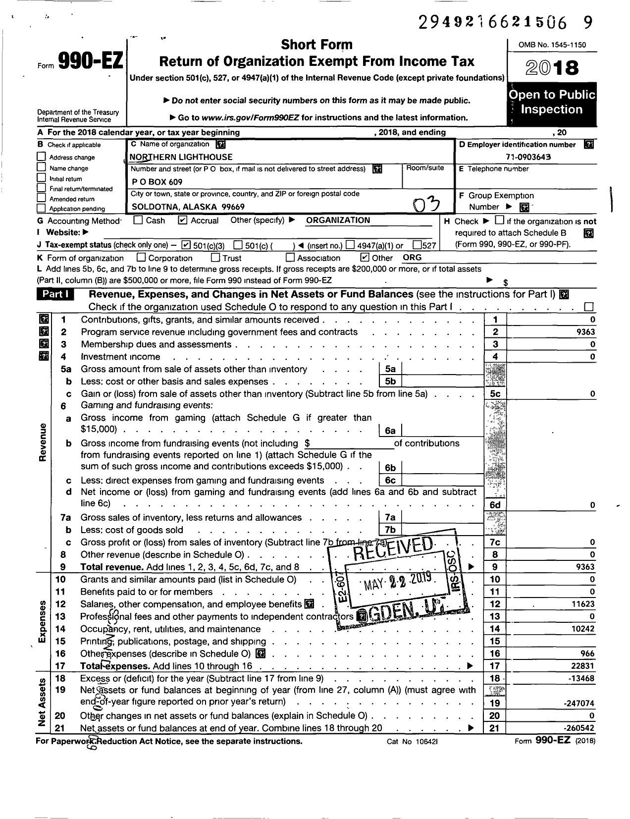 Image of first page of 2018 Form 990EZ for Northern Lighthouse