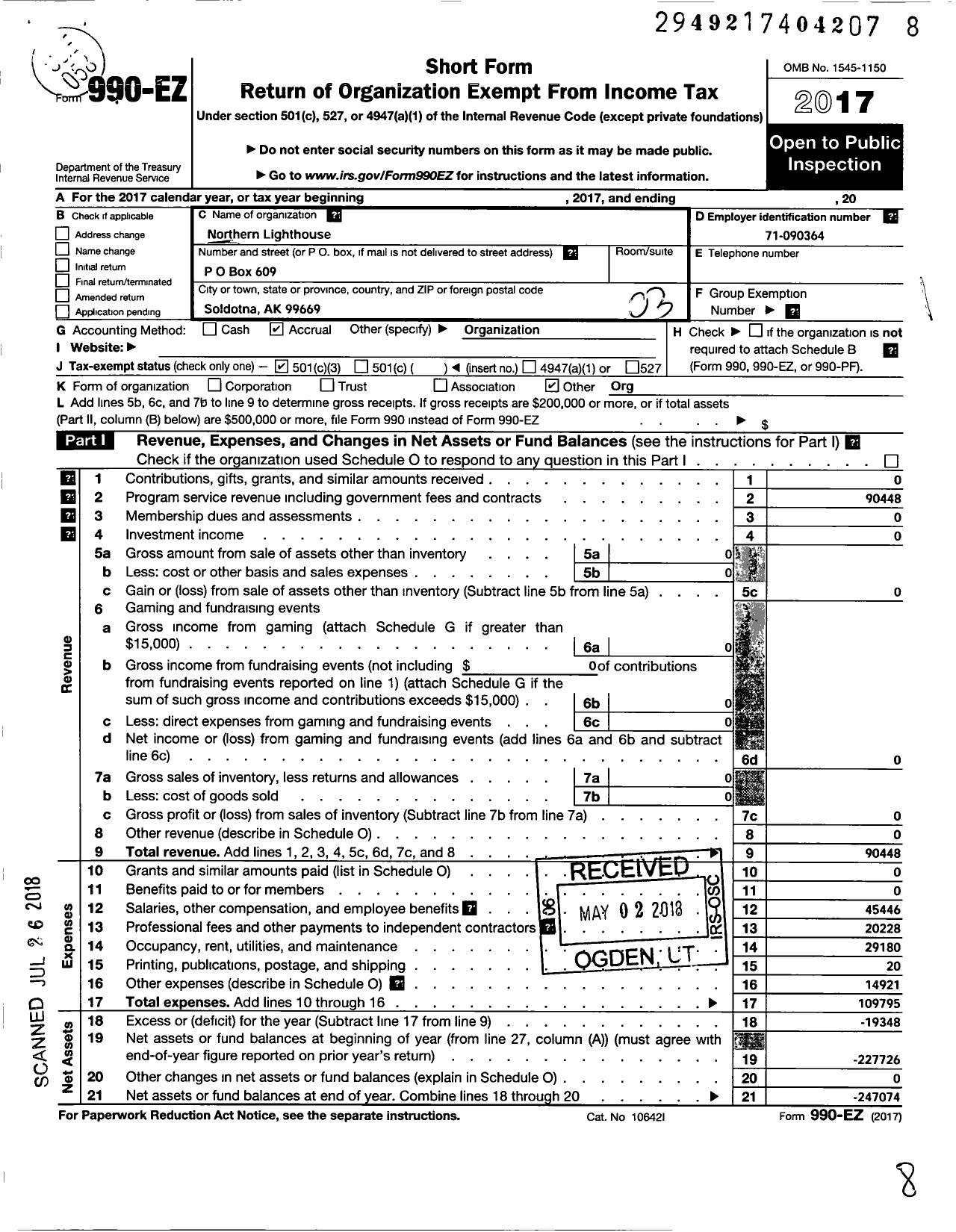 Image of first page of 2017 Form 990EZ for Northern Lighthouse