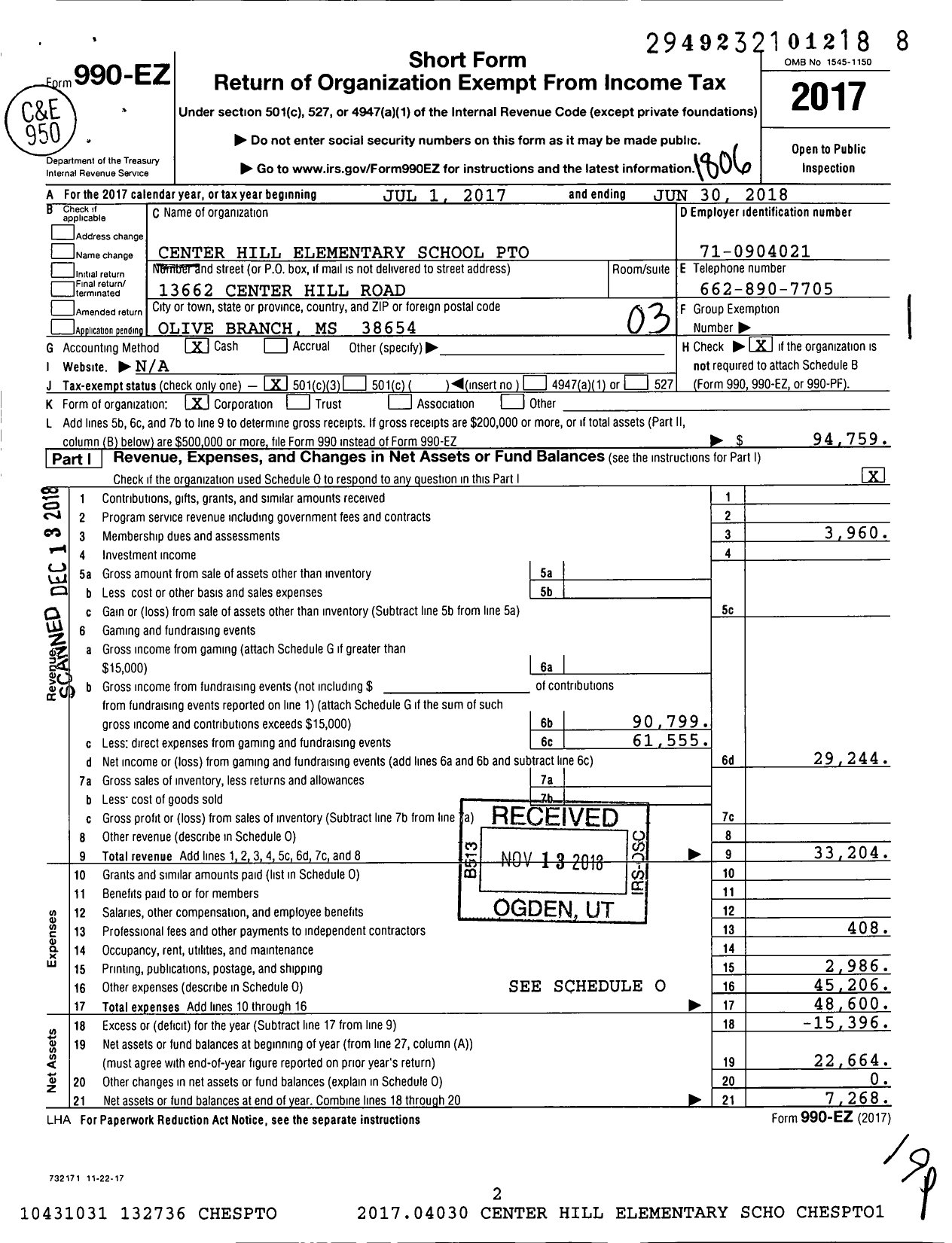 Image of first page of 2017 Form 990EZ for Pto Center Hill Elementary School