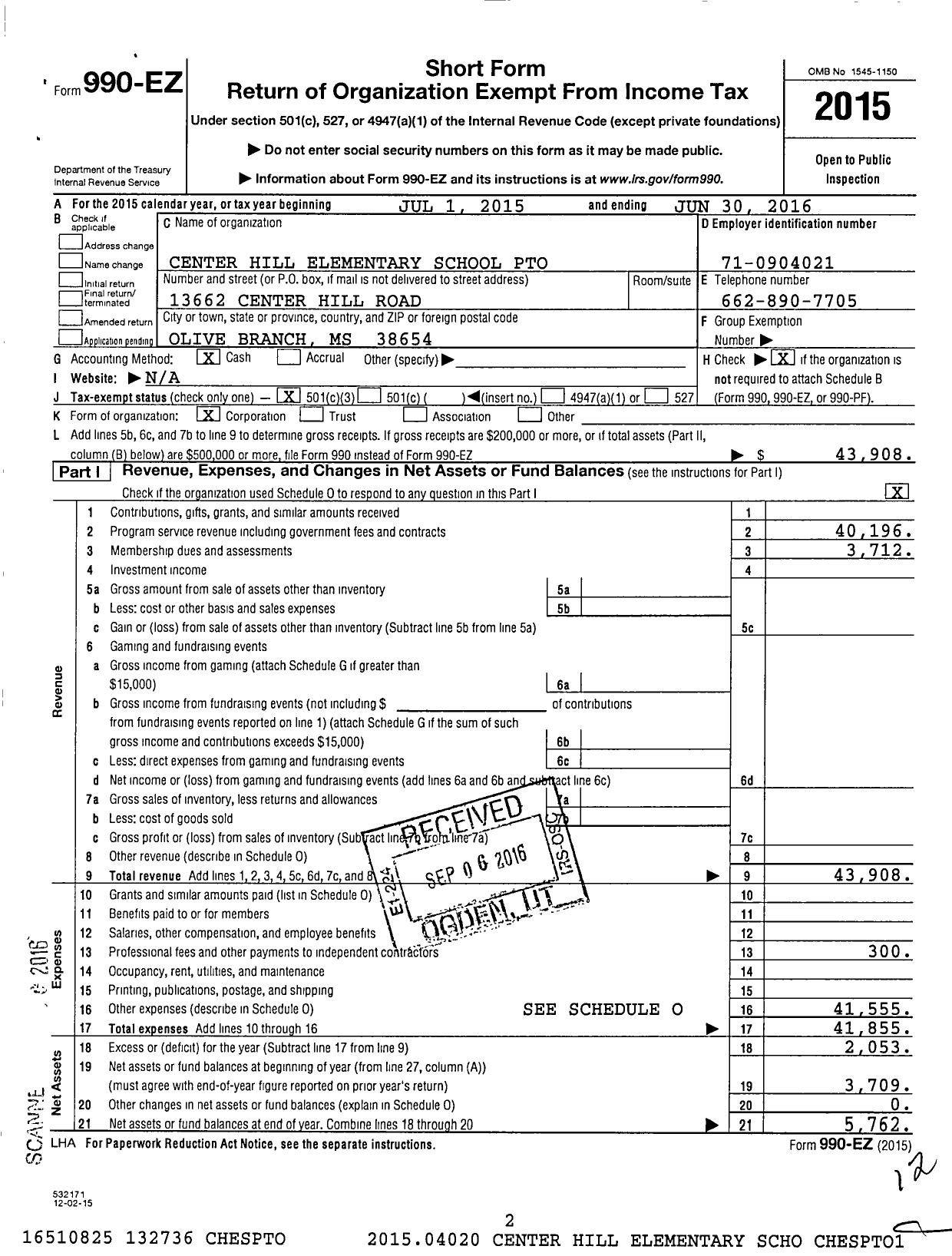 Image of first page of 2015 Form 990EZ for Pto Center Hill Elementary School