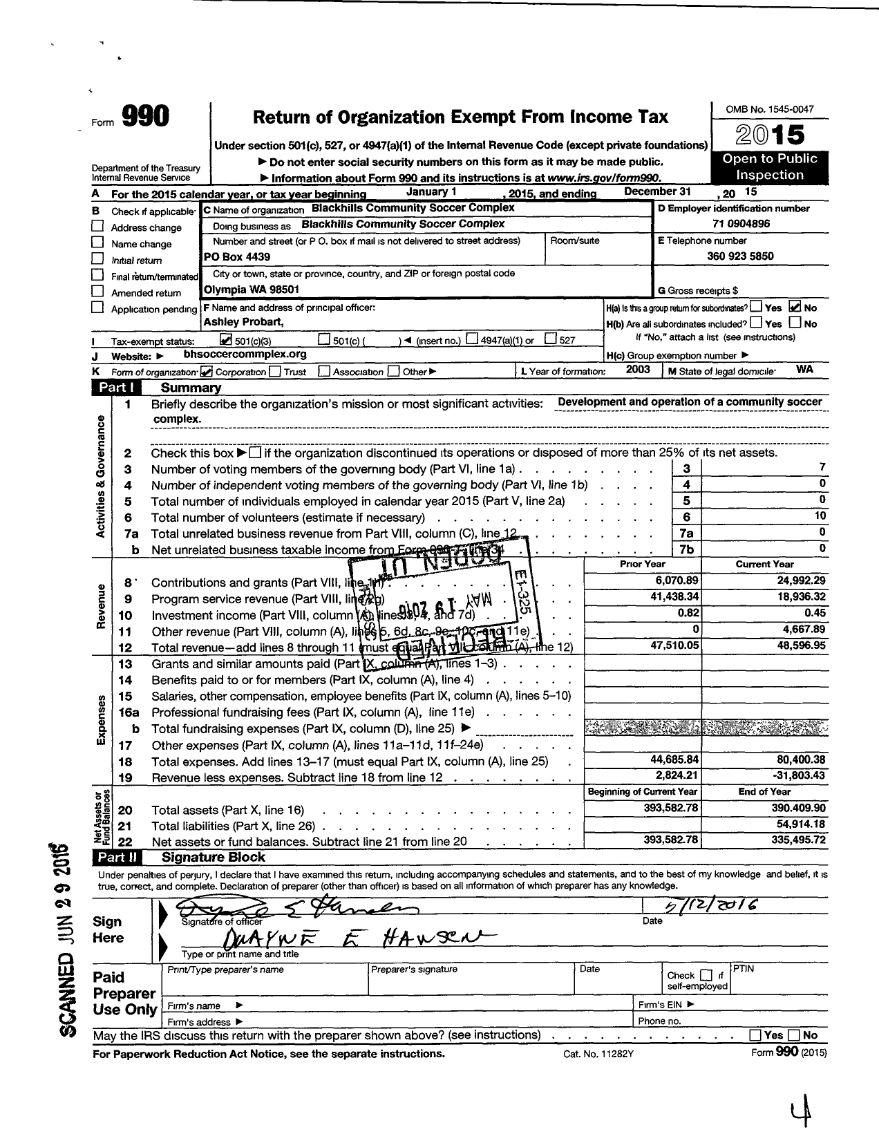 Image of first page of 2015 Form 990 for Blackhills Community Soccer Complex