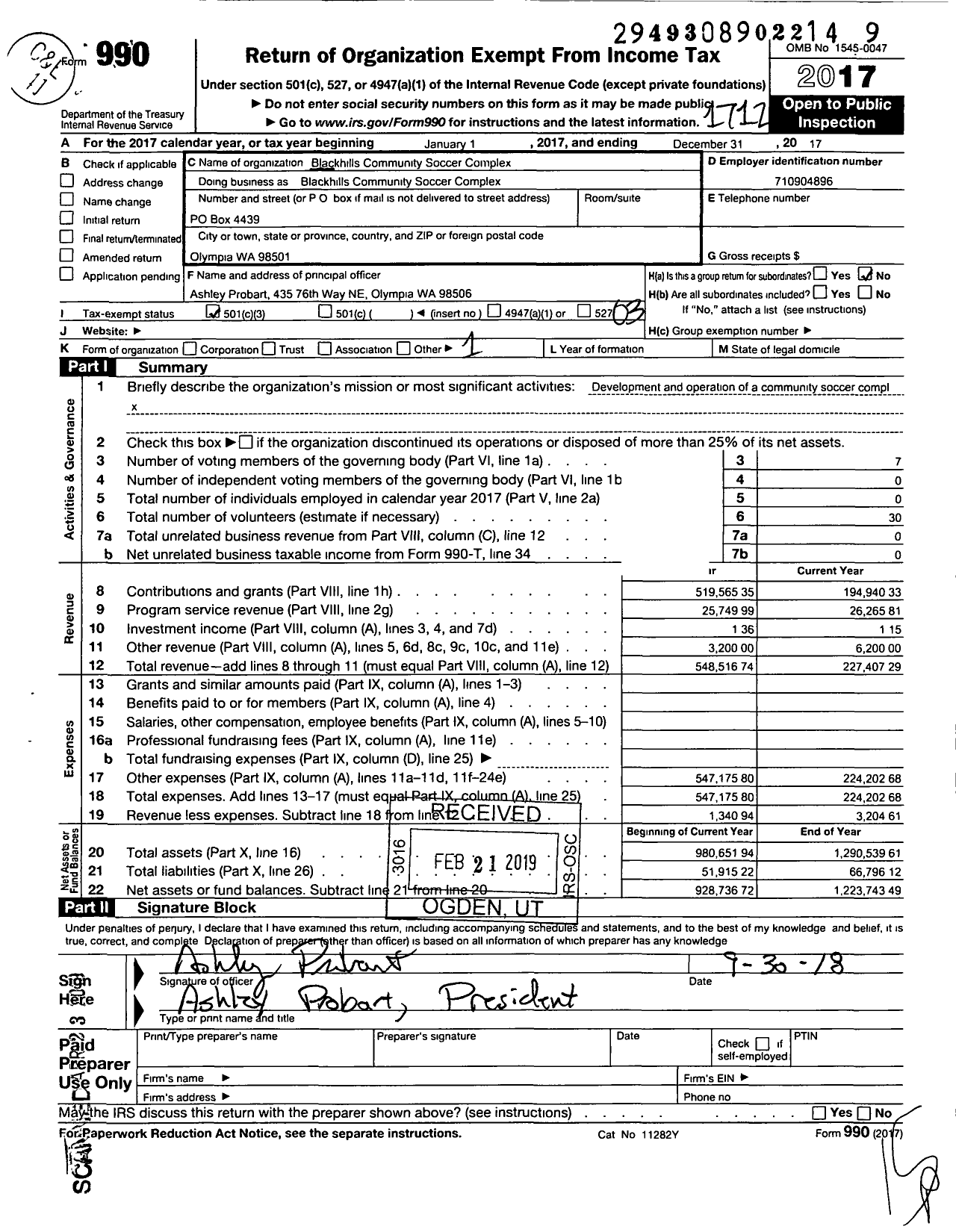 Image of first page of 2017 Form 990 for Blackhills Community Soccer Complex