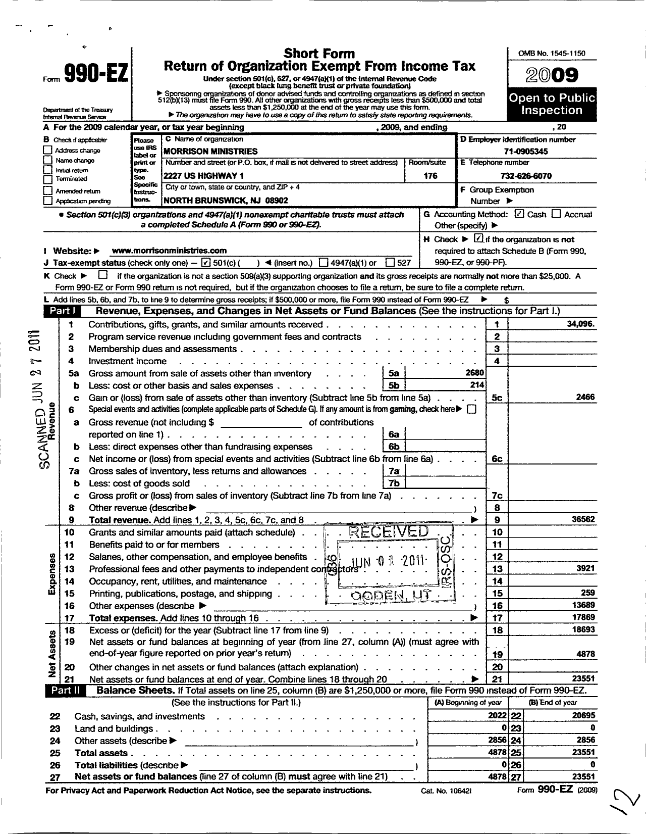 Image of first page of 2009 Form 990EO for Morrison Ministries