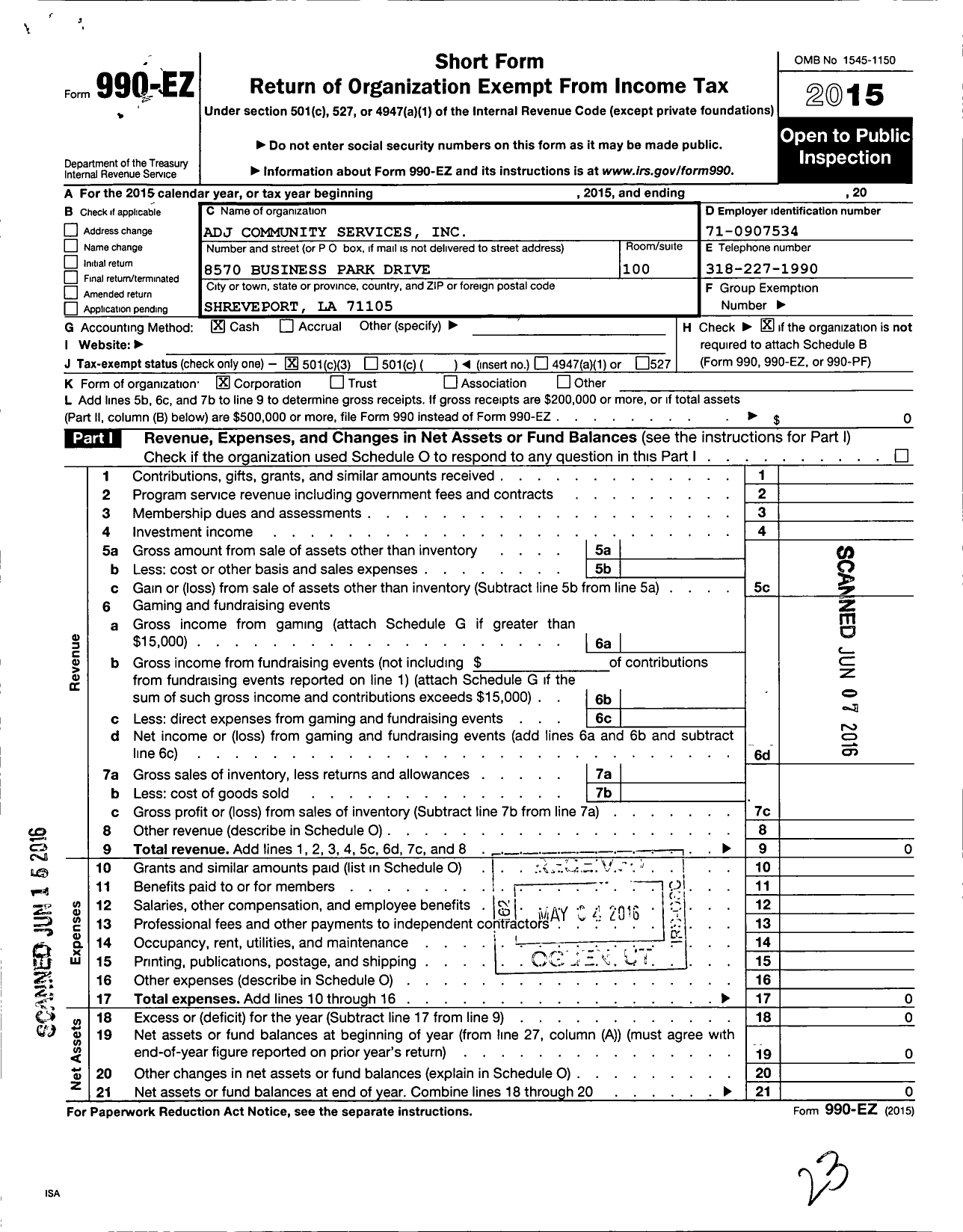 Image of first page of 2015 Form 990EZ for Adj Community Services