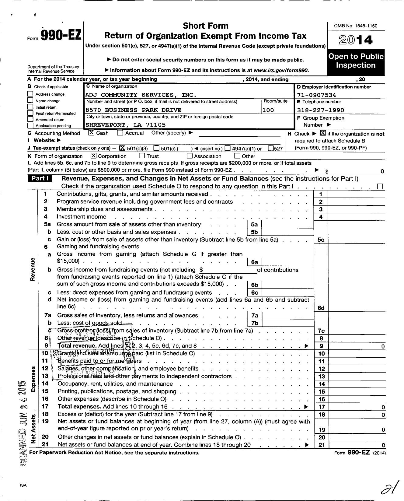 Image of first page of 2014 Form 990EZ for Adj Community Services