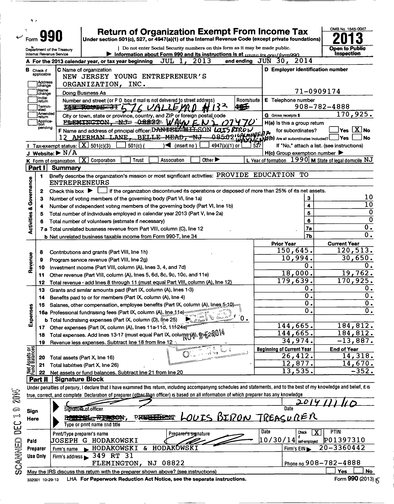 Image of first page of 2013 Form 990 for New Jersey Young Entrepreneurs Organization