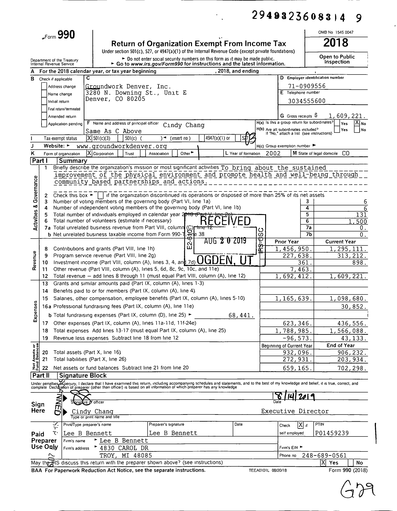 Image of first page of 2018 Form 990 for Groundwork Denver