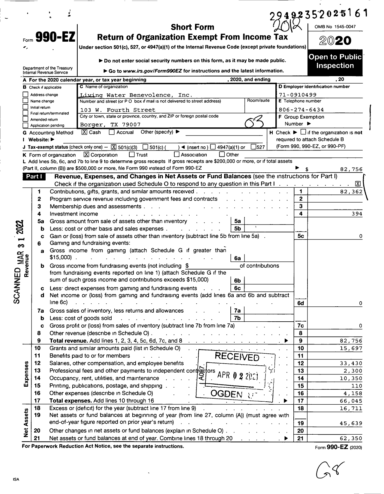 Image of first page of 2020 Form 990EZ for Living Water Benevolence