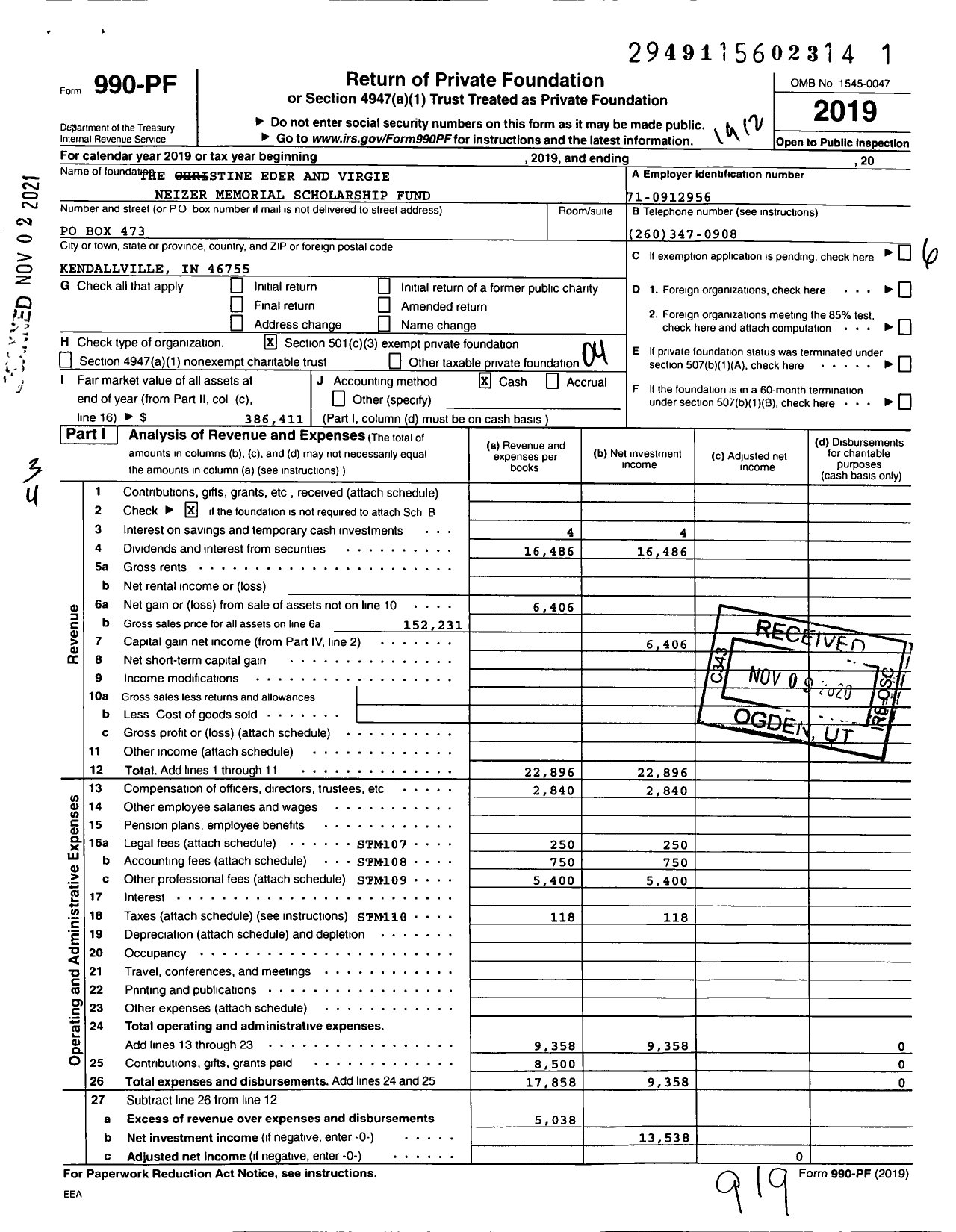 Image of first page of 2019 Form 990PF for The Christine Eder and Virgie Neizer Memorial