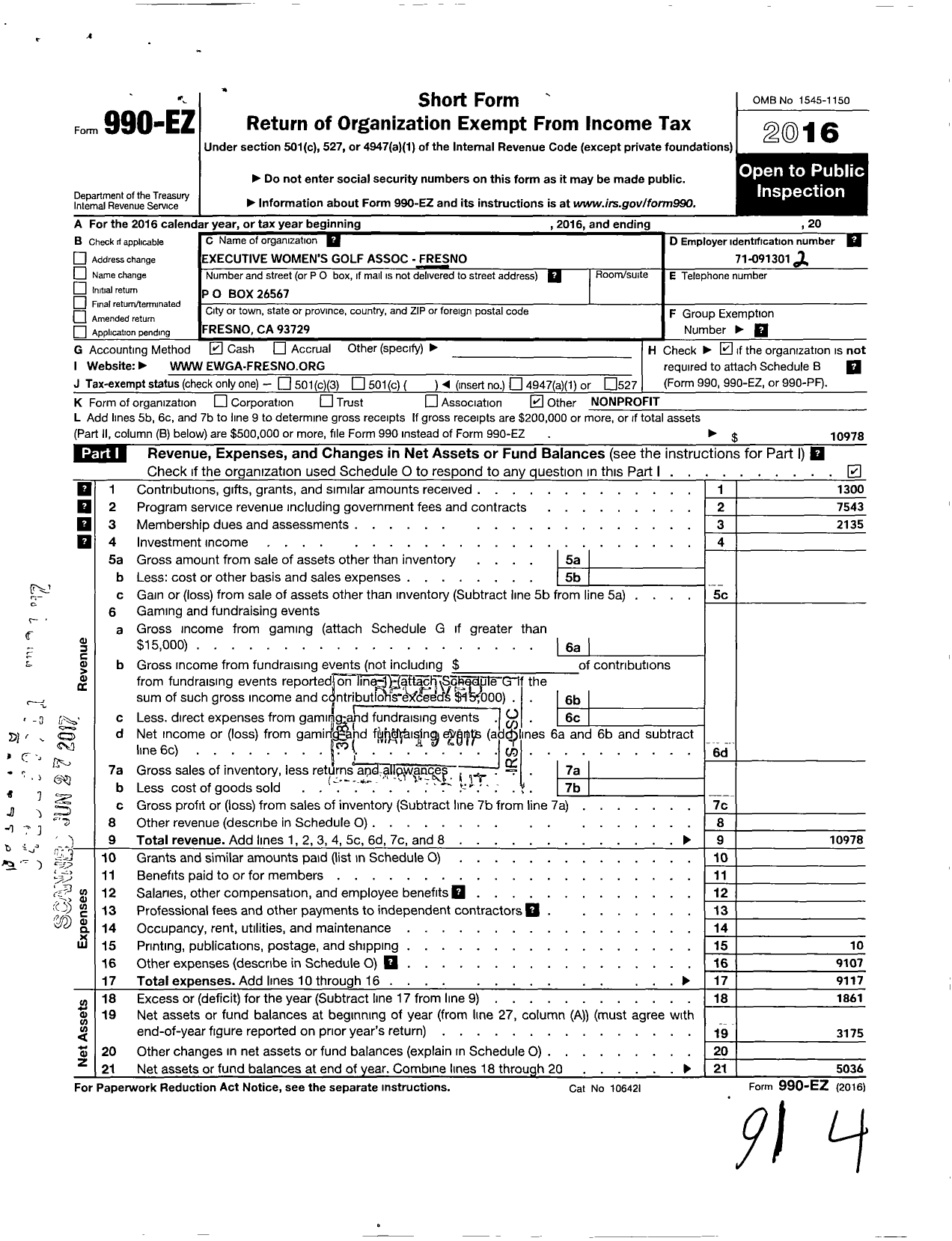 Image of first page of 2016 Form 990EO for Excutive Womens Golf Association / Amateur Golf Association of Fresno