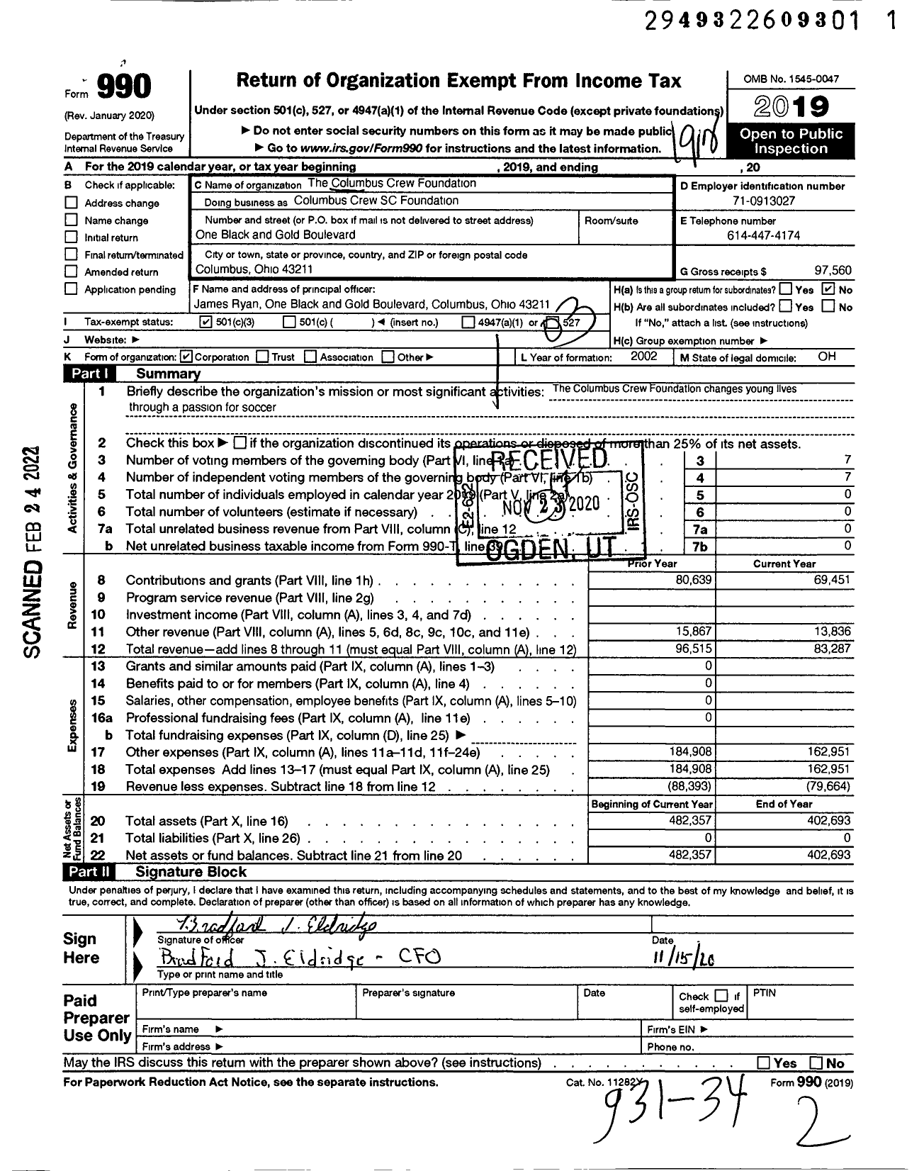 Image of first page of 2019 Form 990 for Columbus Crew Foundation