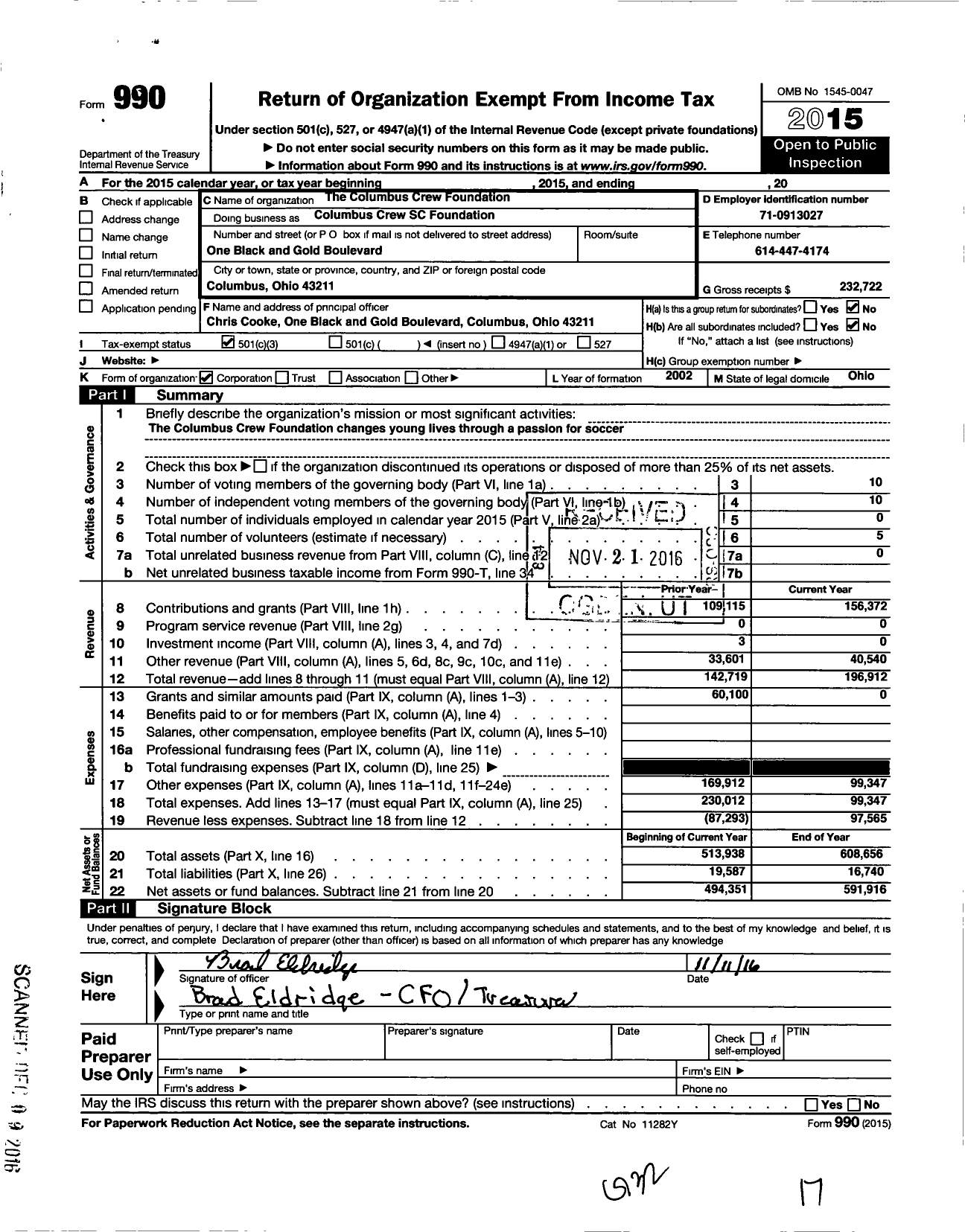 Image of first page of 2015 Form 990 for Columbus Crew Foundation