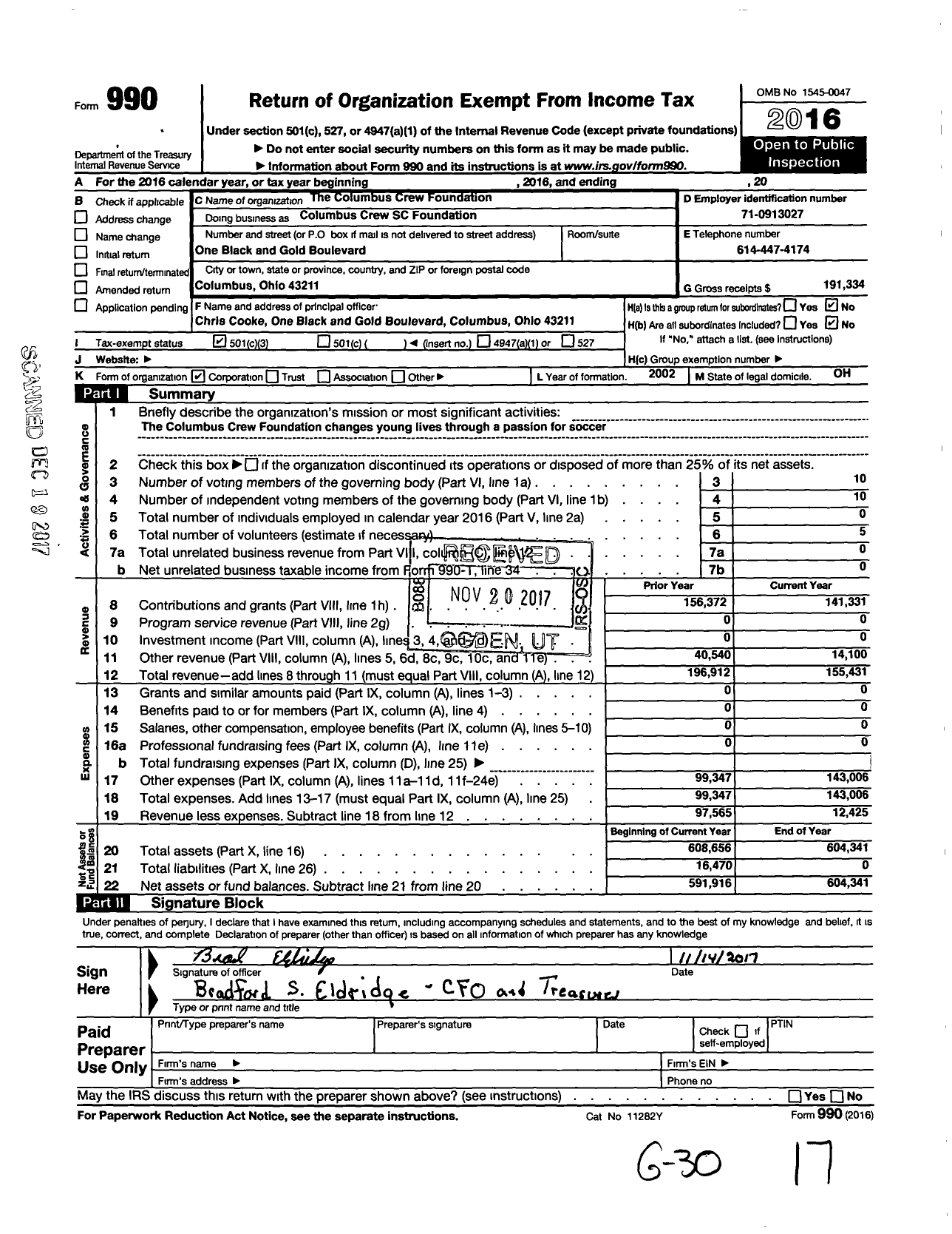 Image of first page of 2016 Form 990 for Columbus Crew Foundation