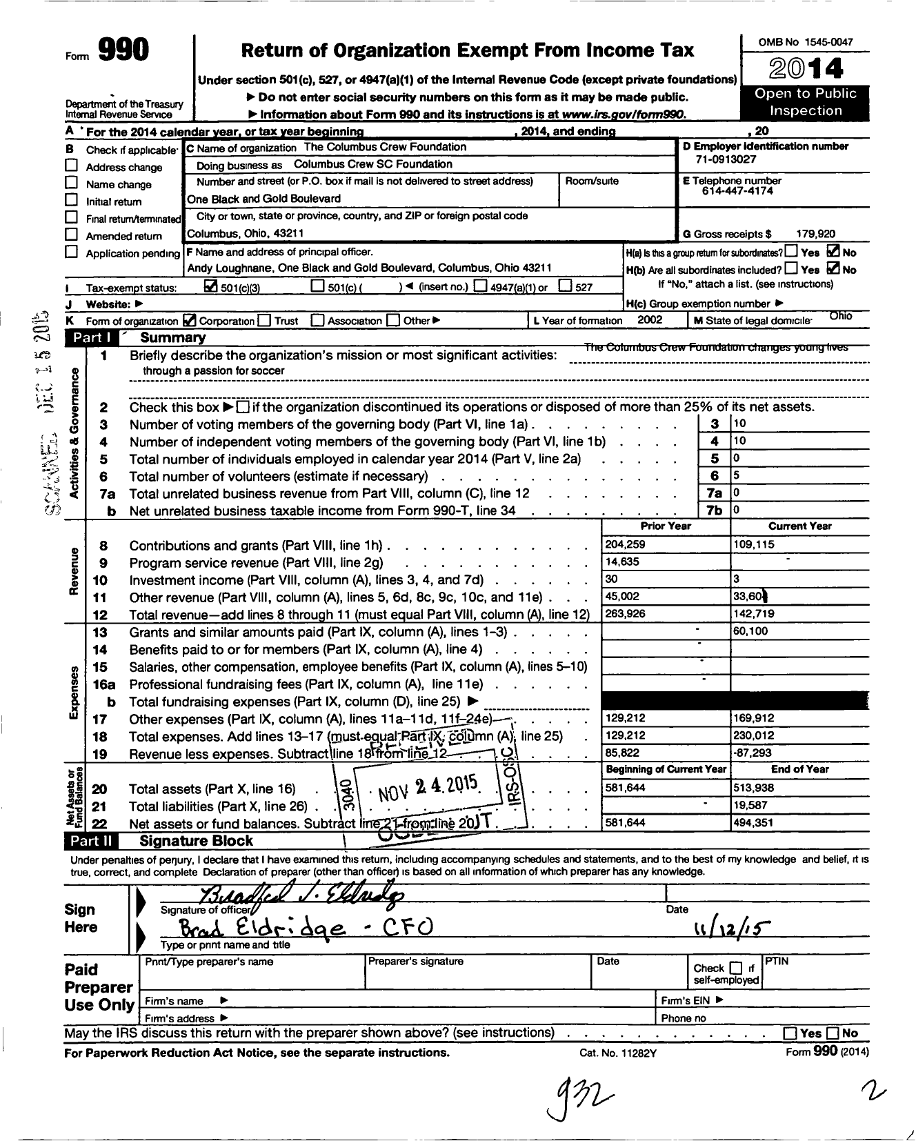 Image of first page of 2014 Form 990 for Columbus Crew Foundation