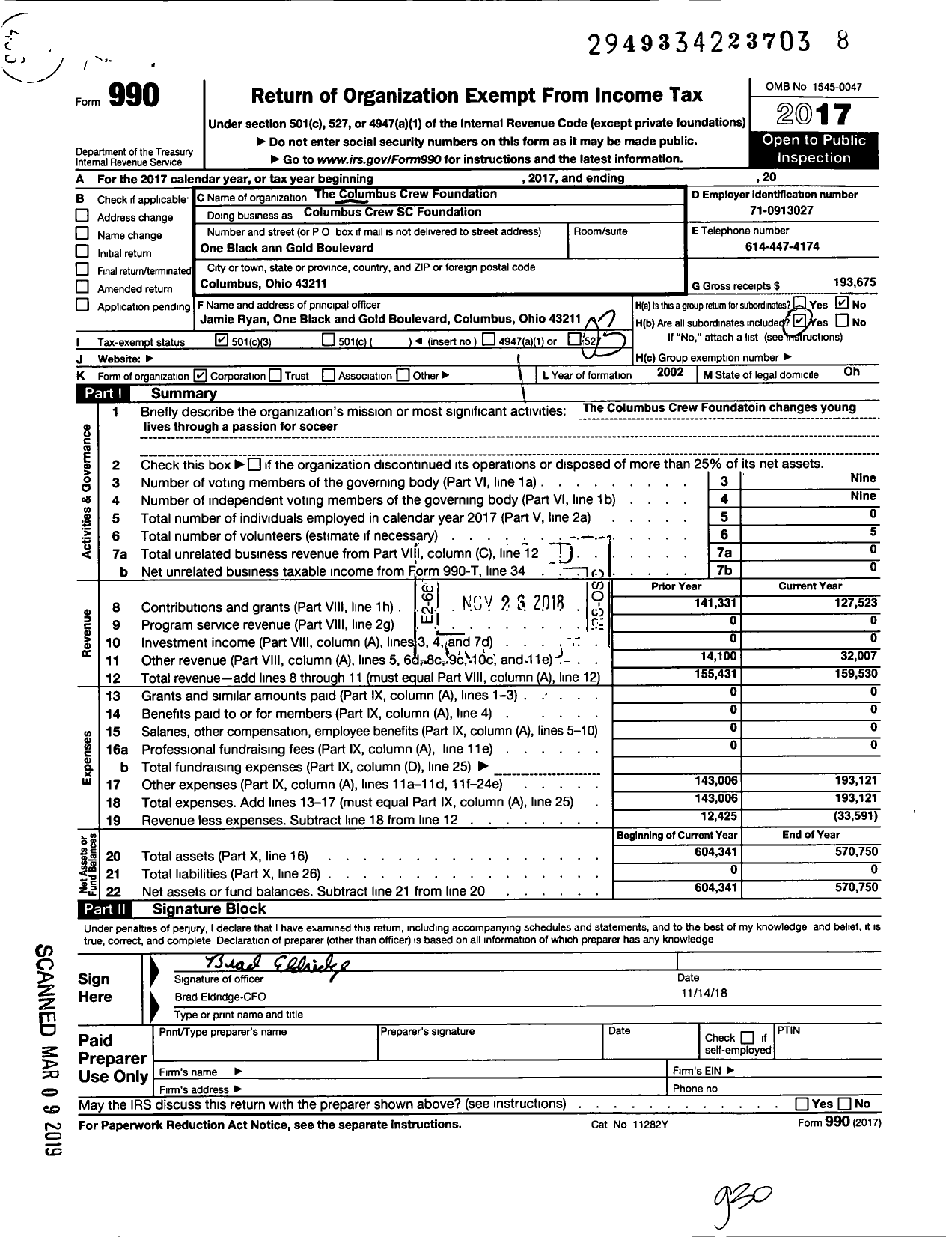 Image of first page of 2017 Form 990 for Columbus Crew Foundation