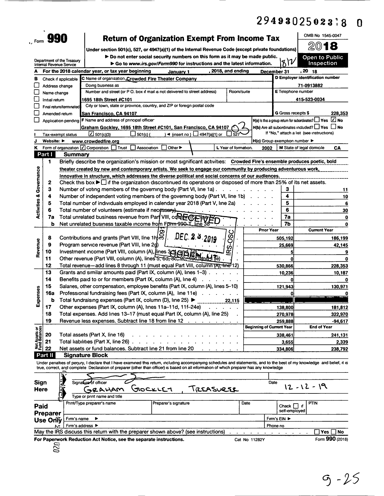 Image of first page of 2018 Form 990 for Crowded Fire Theater Company