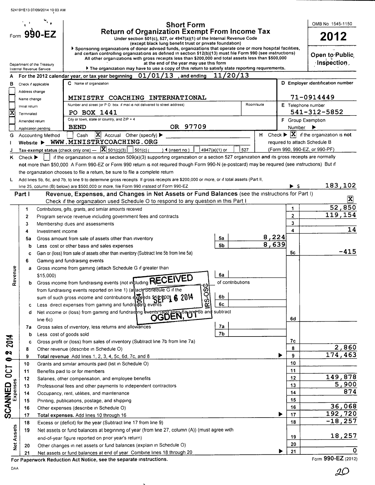 Image of first page of 2012 Form 990EZ for Minstry Coaching International