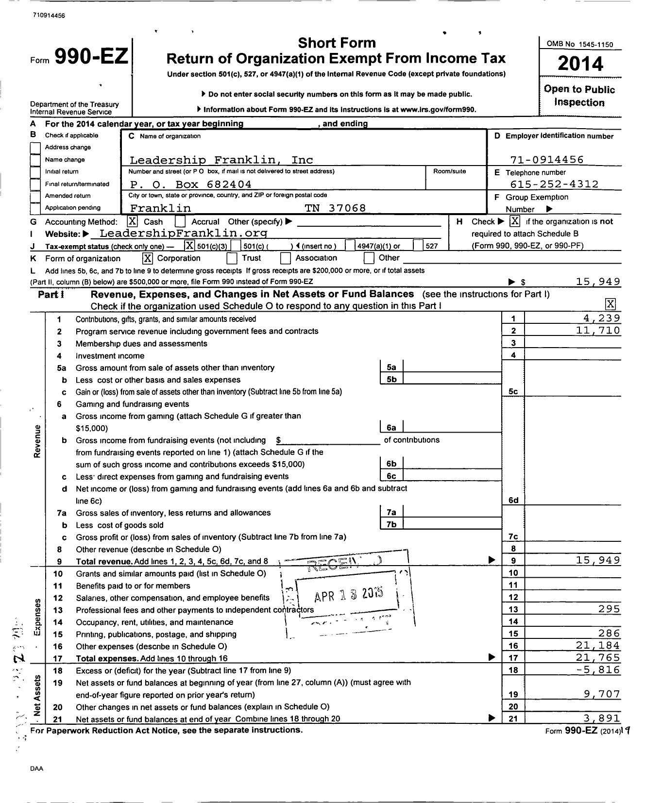 Image of first page of 2014 Form 990EZ for Leadership Franklin