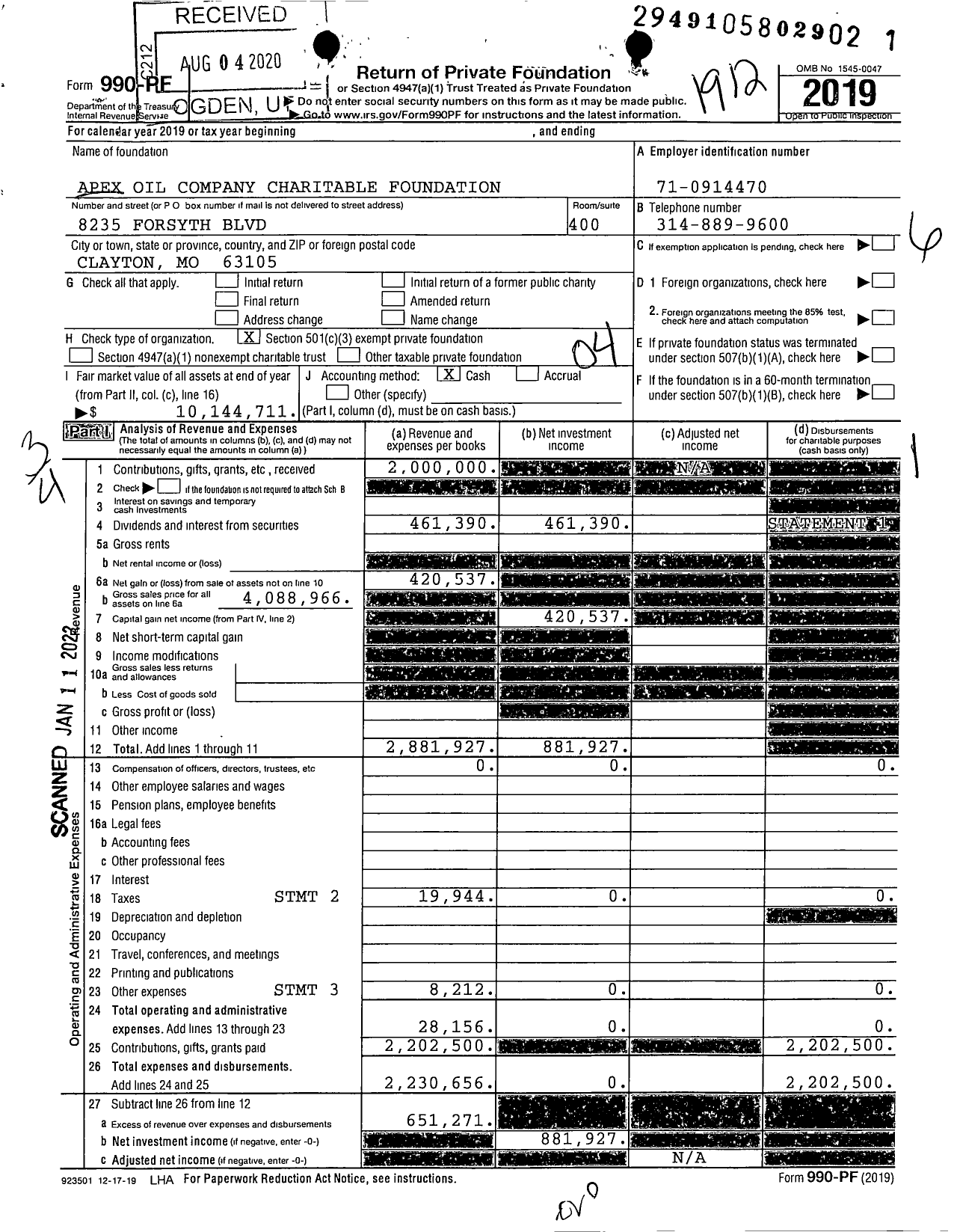 Image of first page of 2019 Form 990PF for Apex Oil Company Charitable Foundation