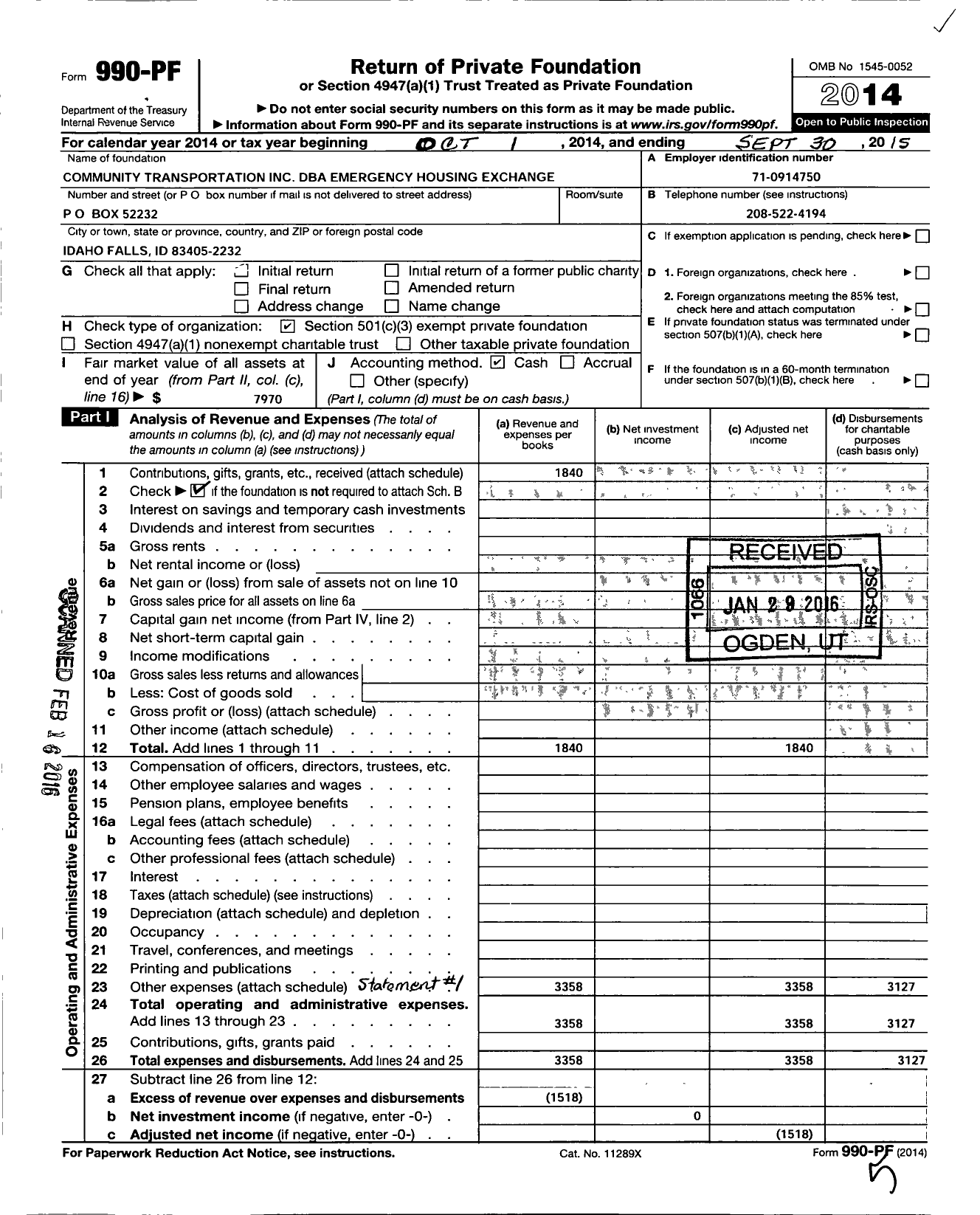 Image of first page of 2014 Form 990PF for Emergency Housing Exchange