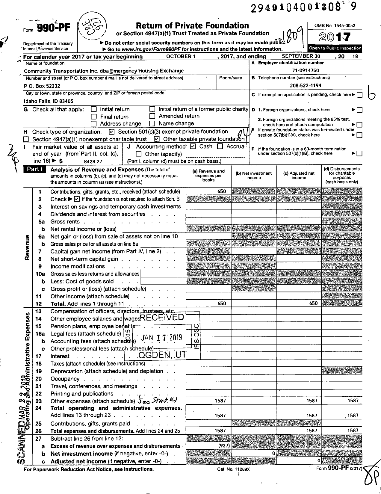 Image of first page of 2017 Form 990PF for Emergency Housing Exchange