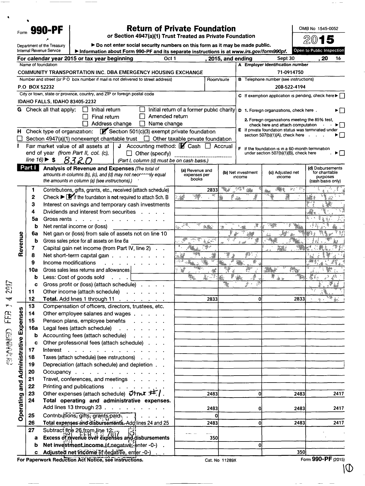 Image of first page of 2015 Form 990PF for Emergency Housing Exchange