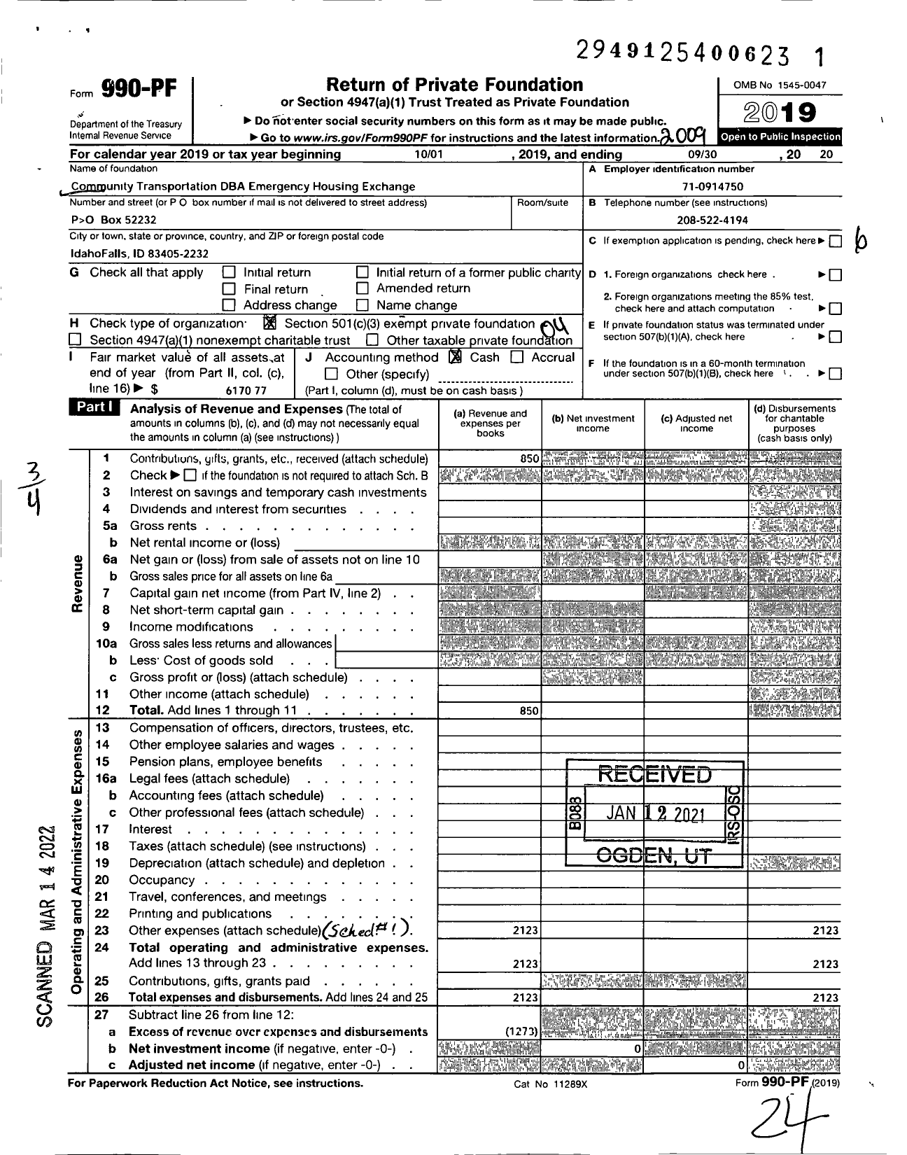 Image of first page of 2019 Form 990PF for Emergency Housing Exchange