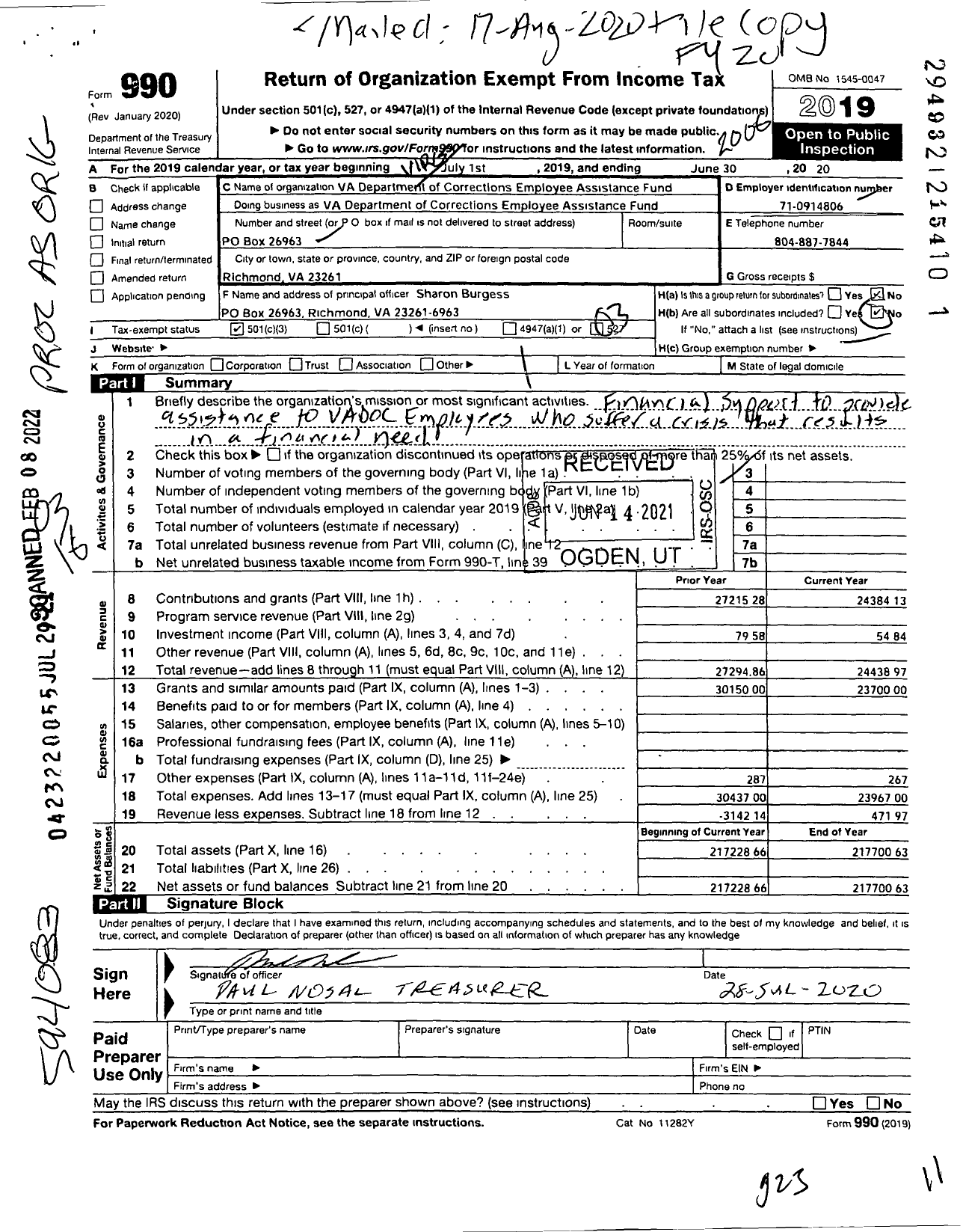 Image of first page of 2019 Form 990 for Virginia Department of Corrections Employee Assistance Fund