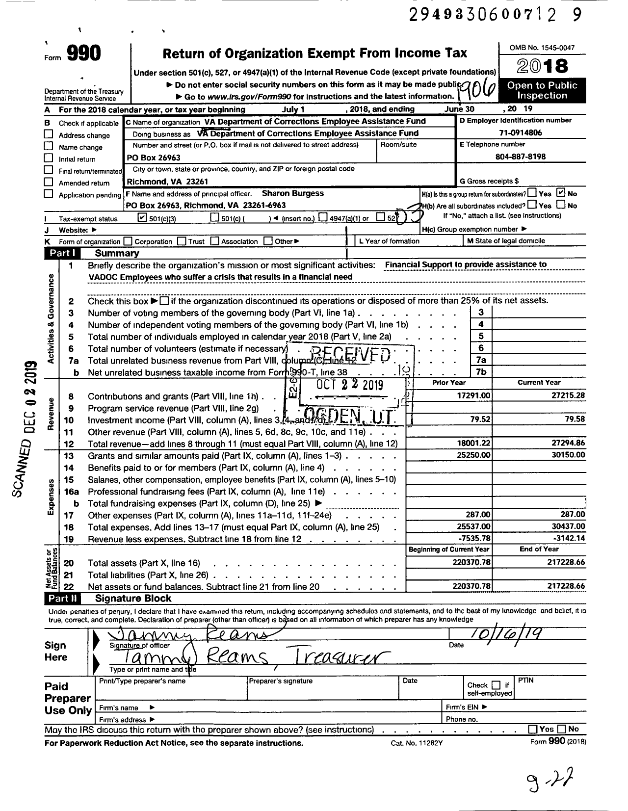 Image of first page of 2018 Form 990 for Virginia Department of Corrections Employee Assistance Fund