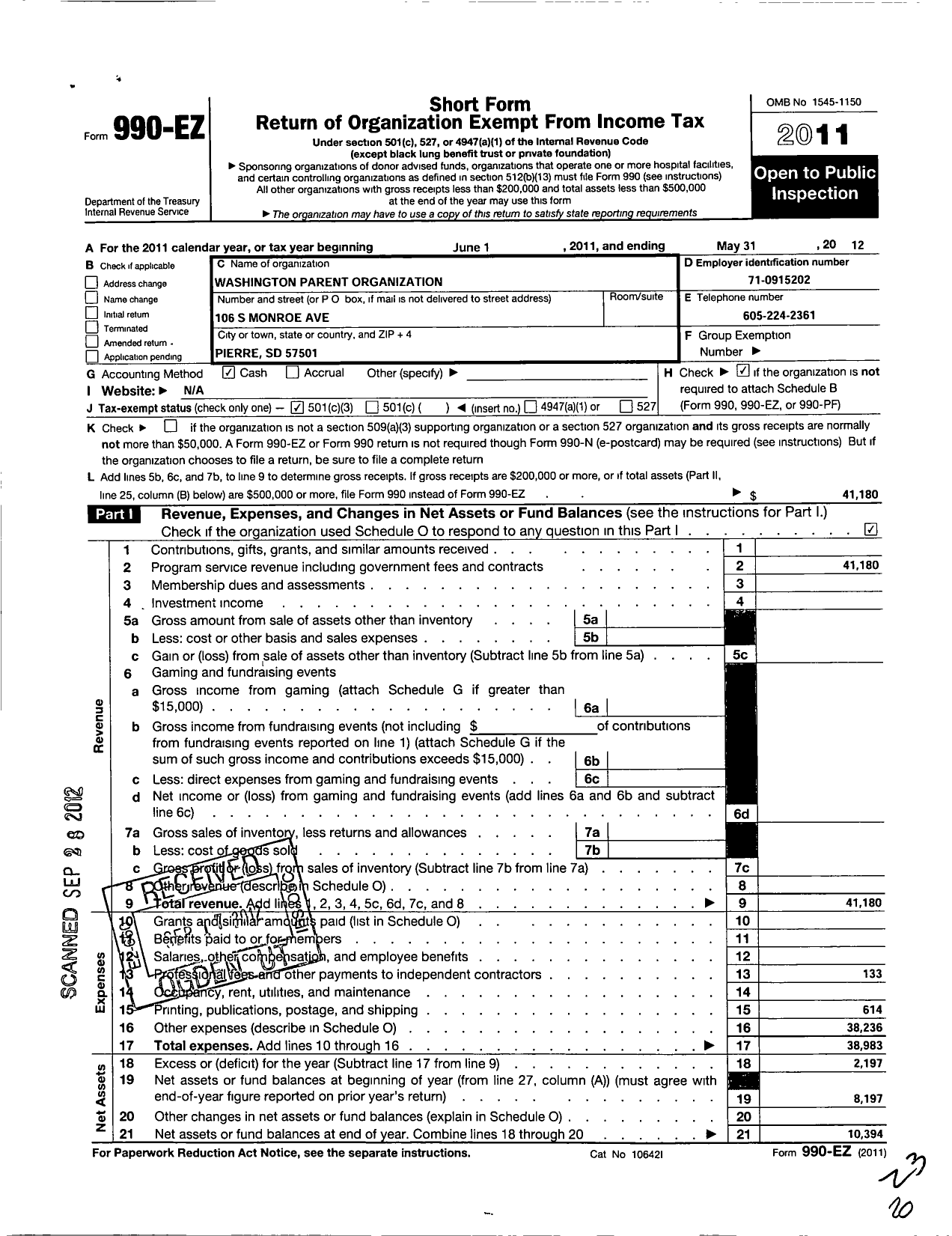 Image of first page of 2011 Form 990EZ for Kennedy Parent Organization