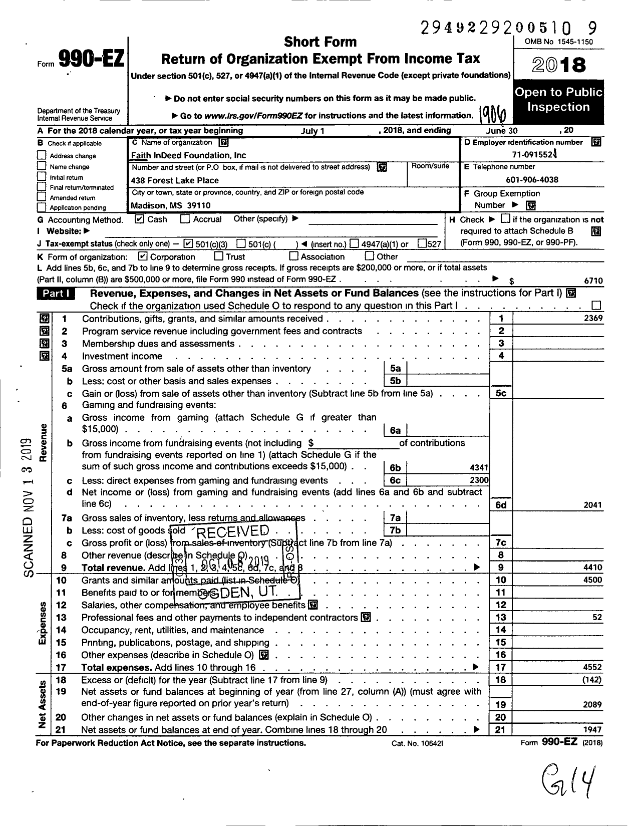 Image of first page of 2018 Form 990EZ for Faith Indeed Foundation