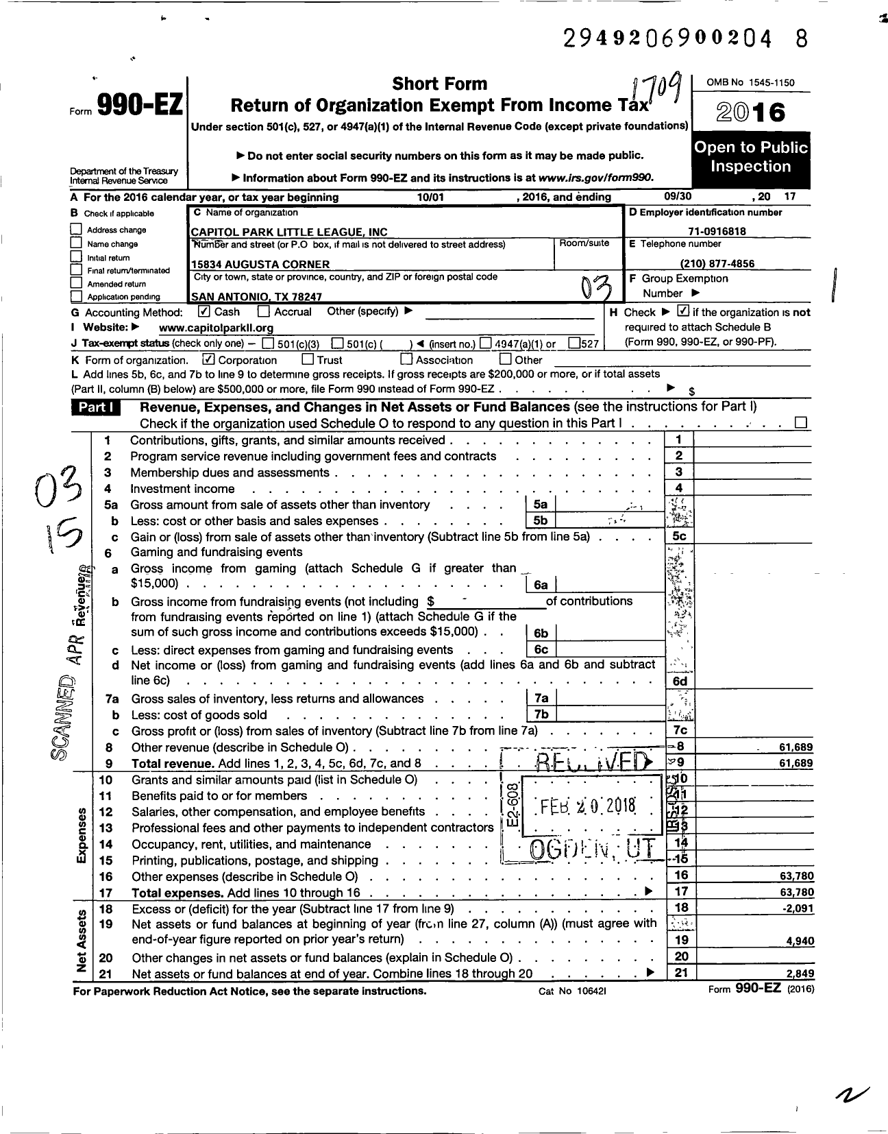 Image of first page of 2016 Form 990EZ for Little League Baseball - 3431901 Capitol Park LL