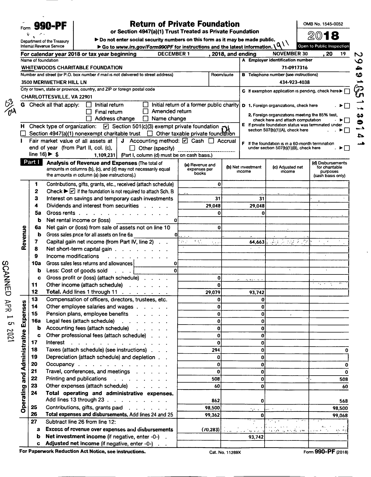 Image of first page of 2018 Form 990PF for Whitewoods Charitable Foundation