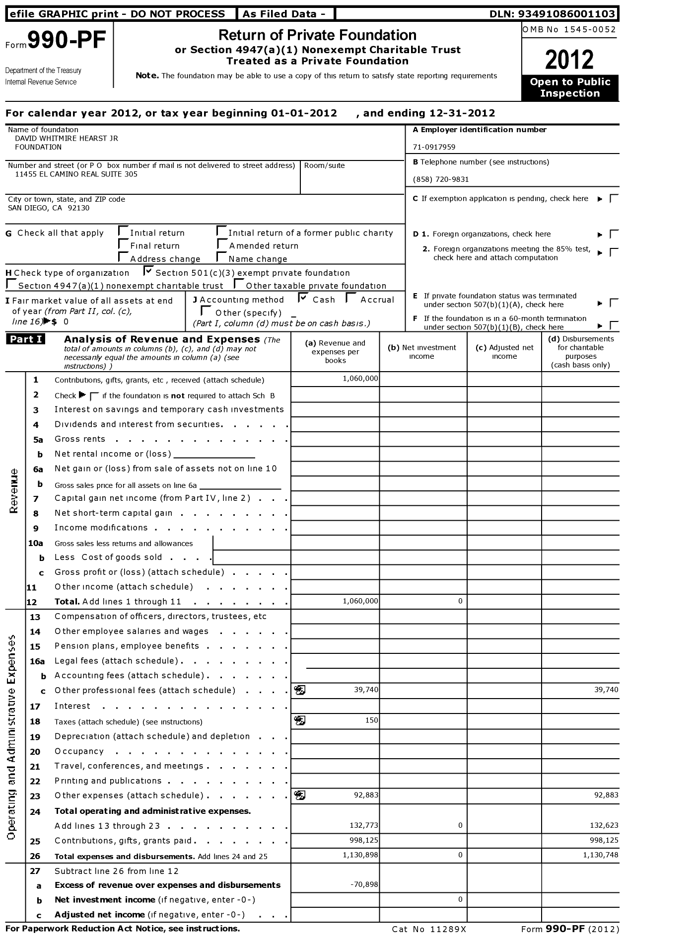 Image of first page of 2012 Form 990PF for David Whitmire Hearst Jr. Foundation