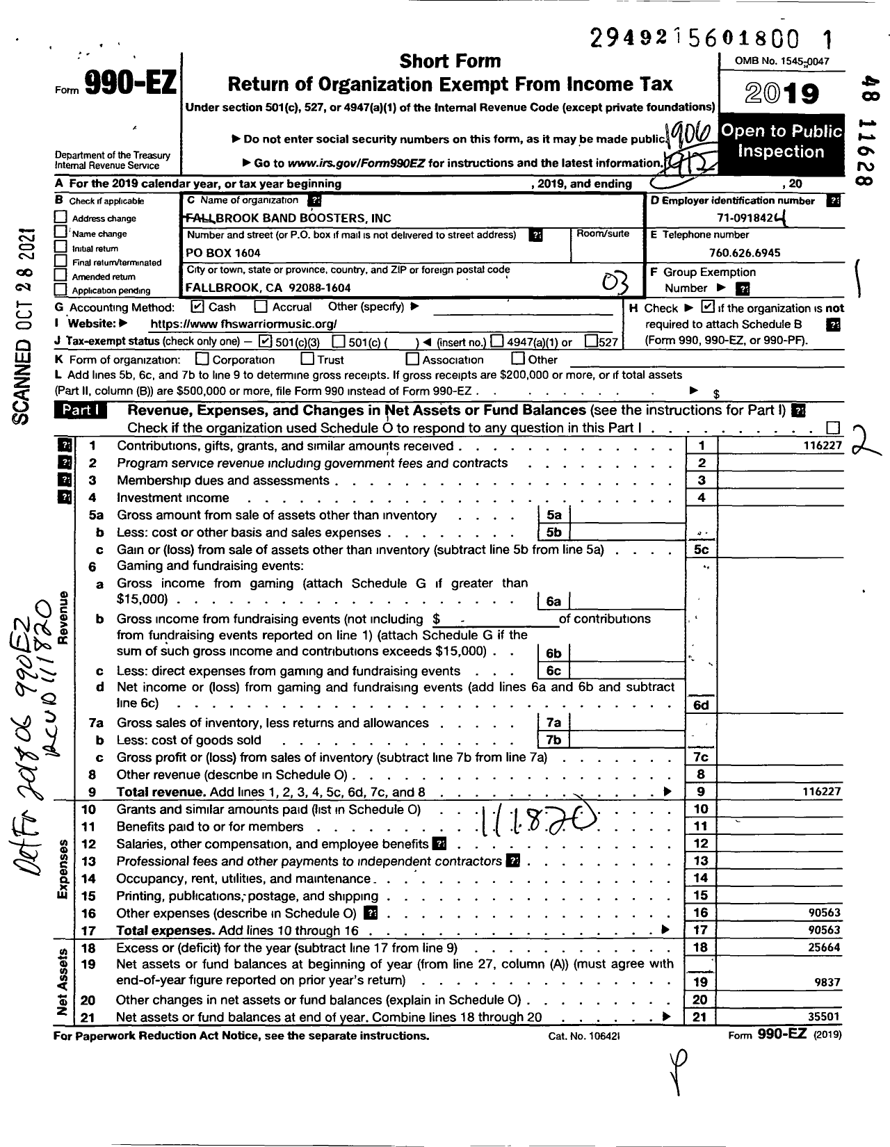 Image of first page of 2018 Form 990EZ for Fallbrook Band Boosters