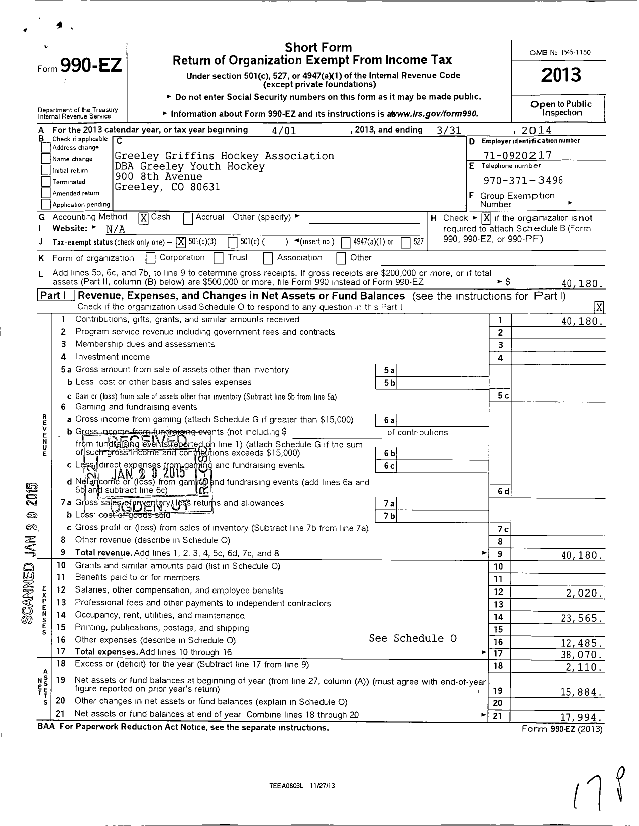 Image of first page of 2013 Form 990EZ for Greeley Griffins Hockey Association