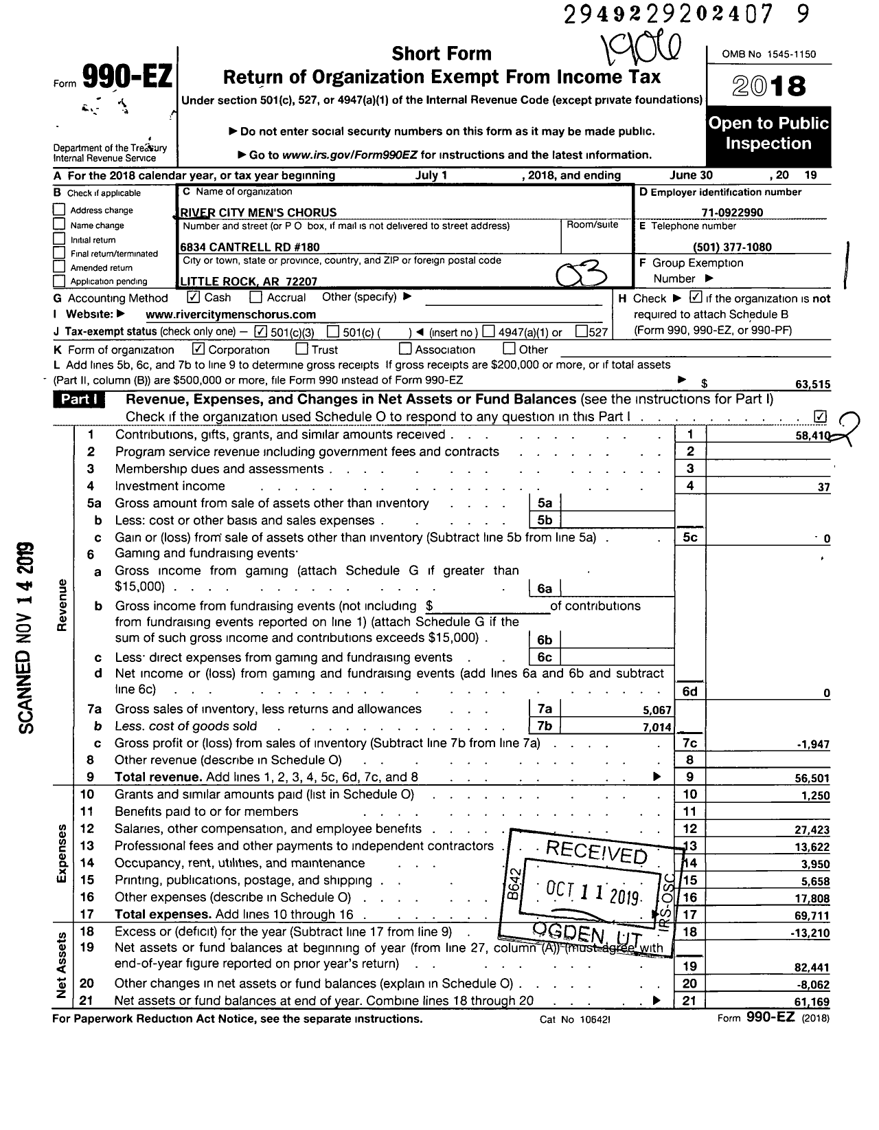 Image of first page of 2018 Form 990EZ for River City Mens Chorus