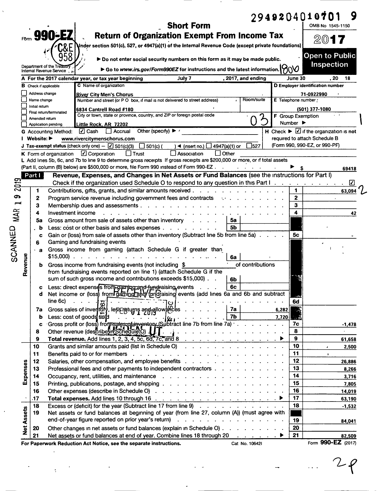 Image of first page of 2017 Form 990EZ for River City Mens Chorus