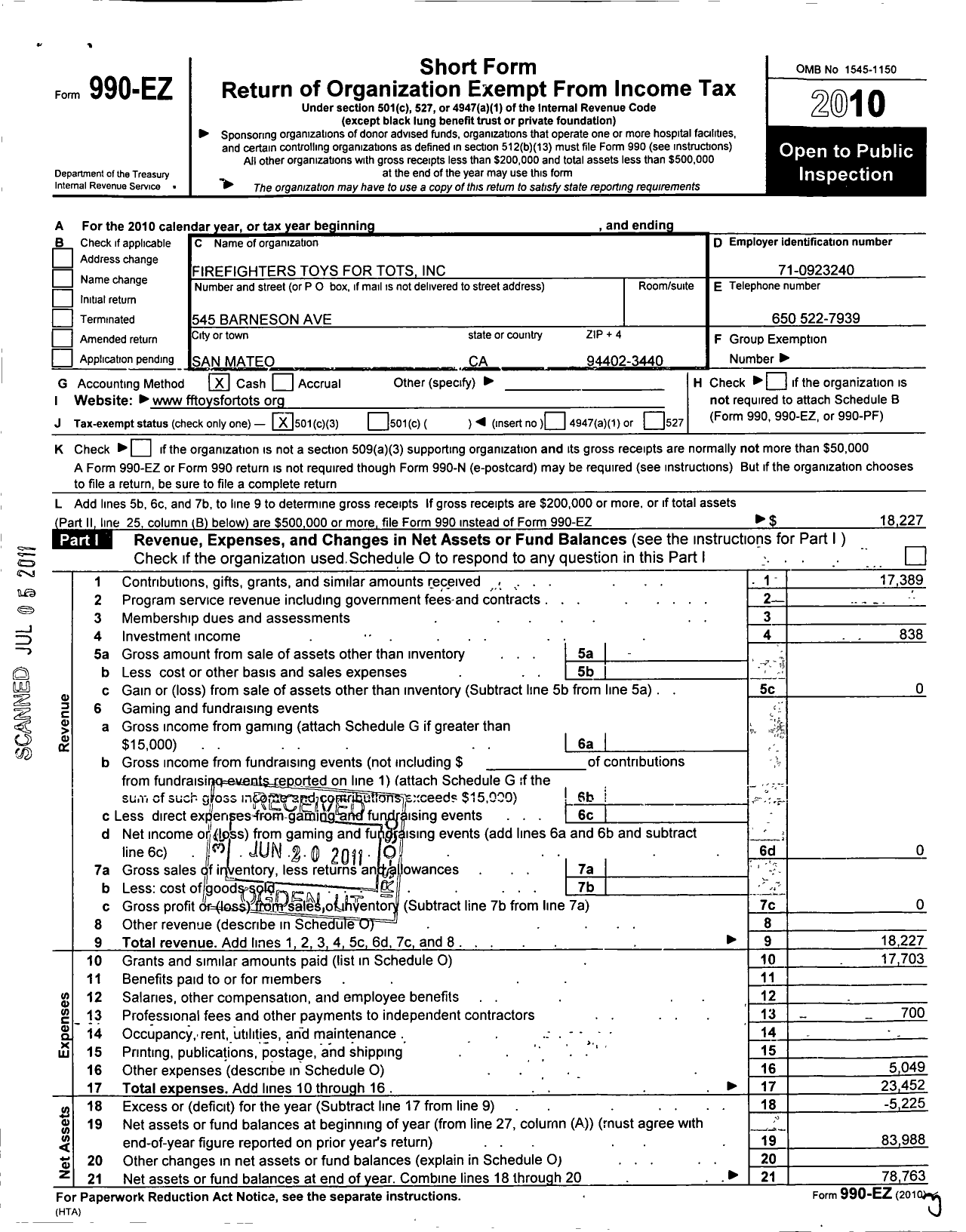 Image of first page of 2010 Form 990EZ for Firefighters Toys for Tots