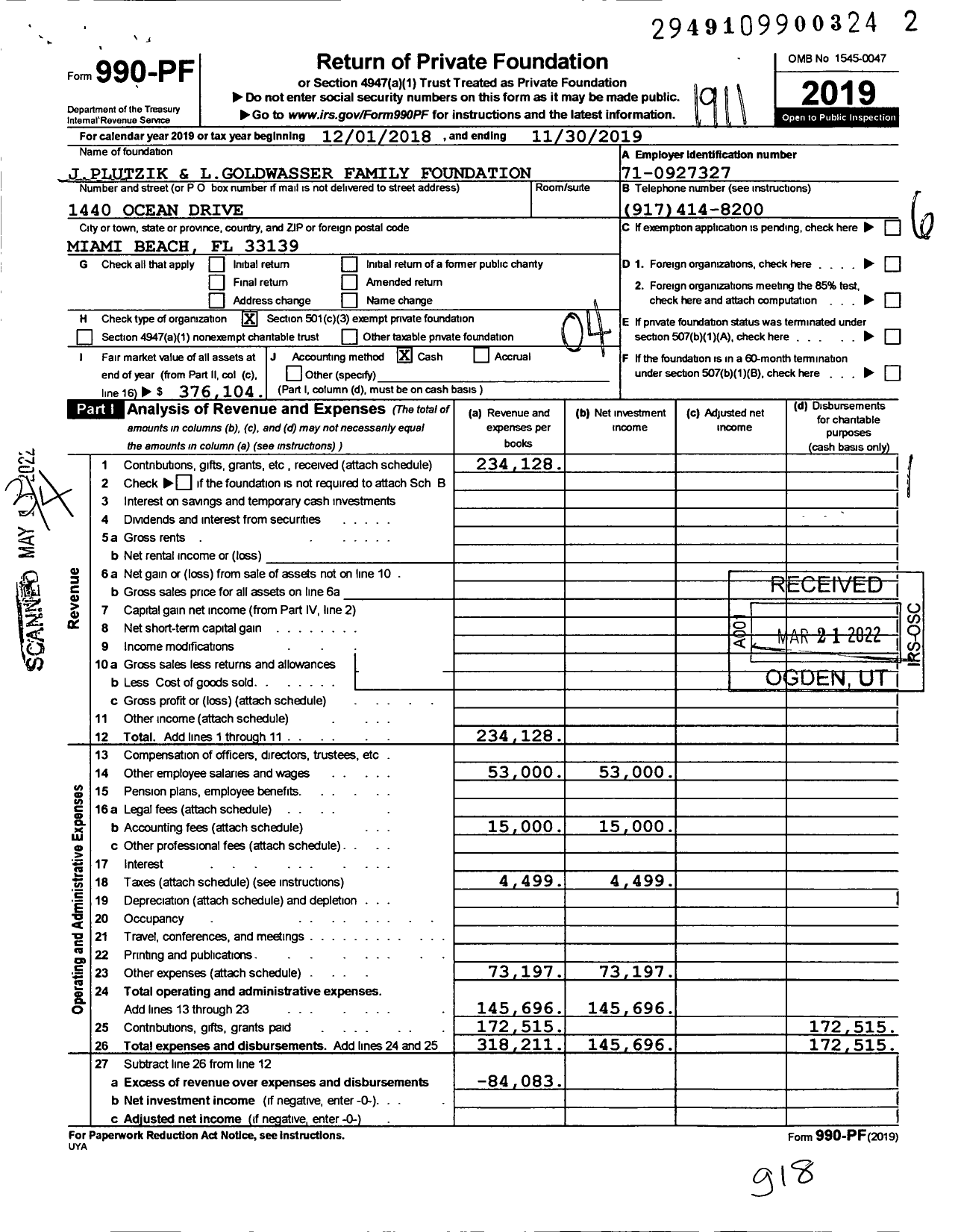 Image of first page of 2018 Form 990PF for Jonathan Plutzik and Lesley Goldwasser Family Foundation