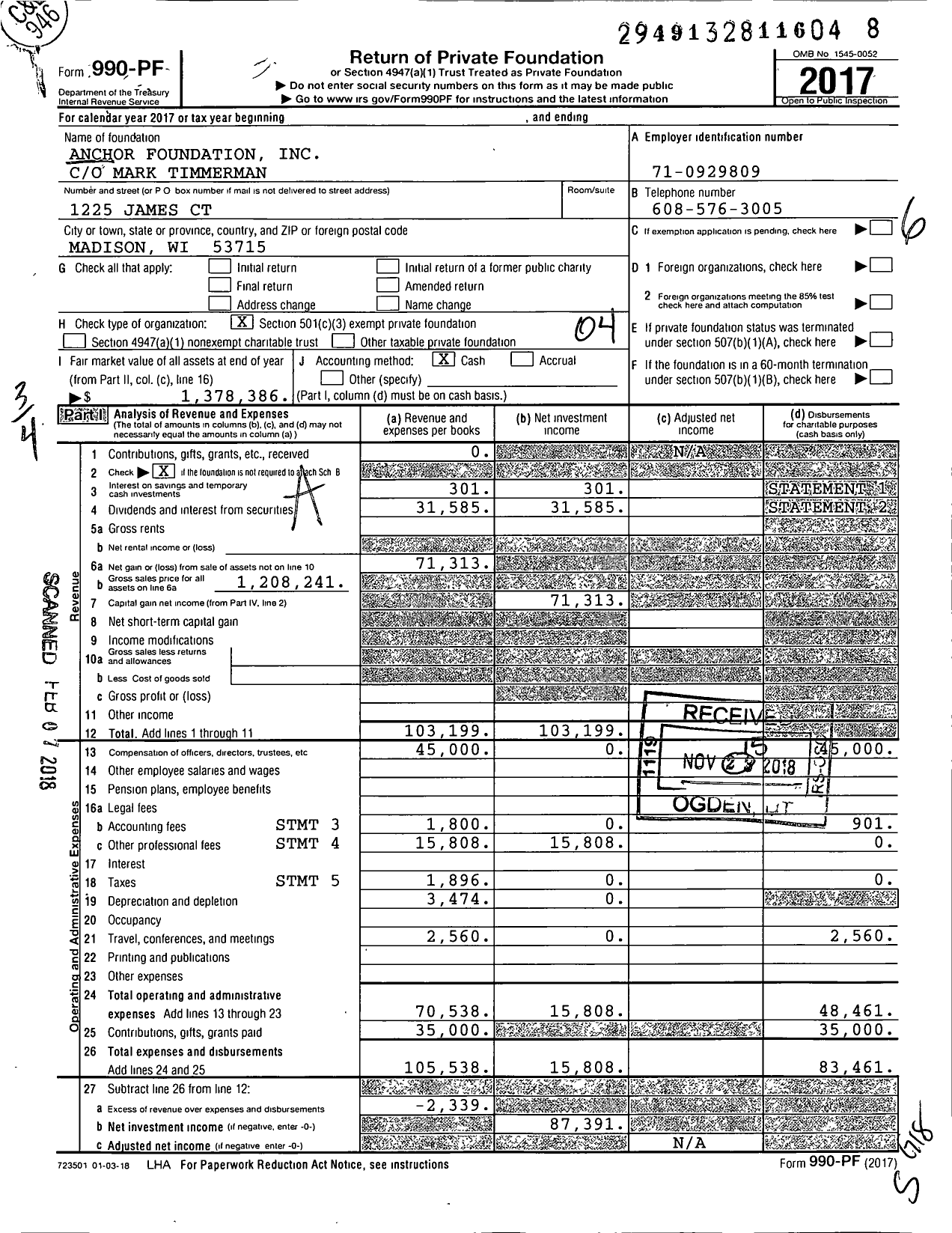 Image of first page of 2017 Form 990PF for Anchor Foundation