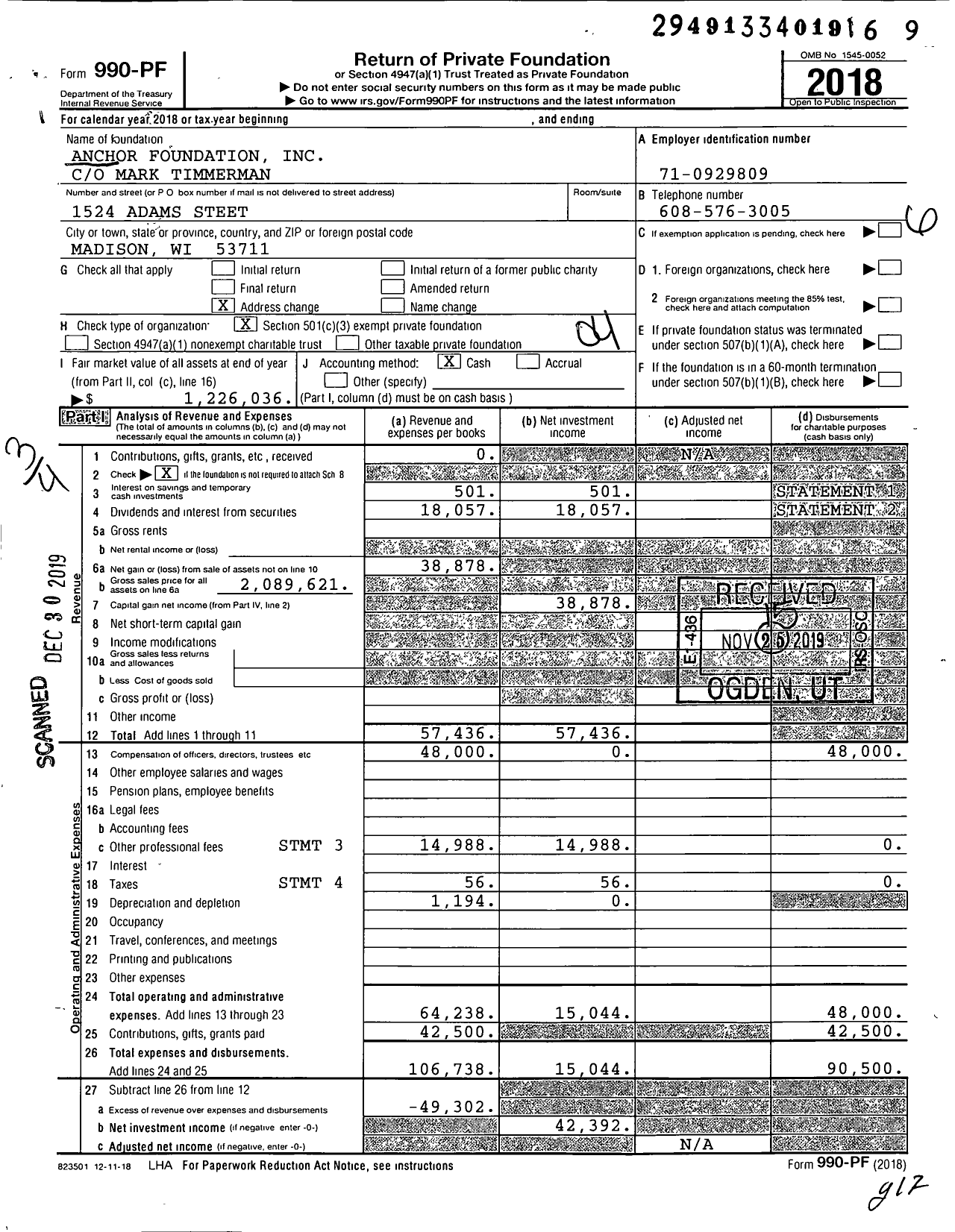 Image of first page of 2018 Form 990PF for Anchor Foundation