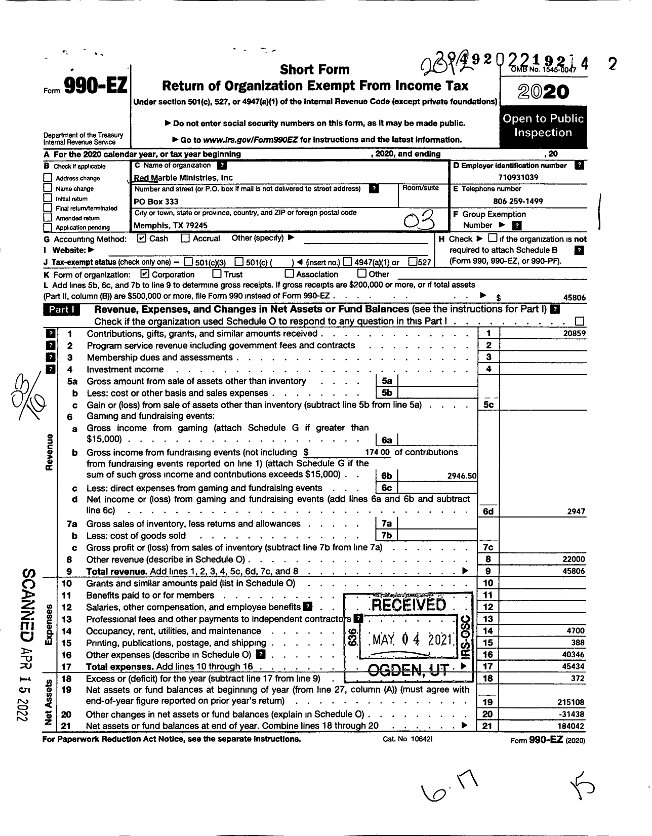 Image of first page of 2020 Form 990EZ for Red Marble Ministries