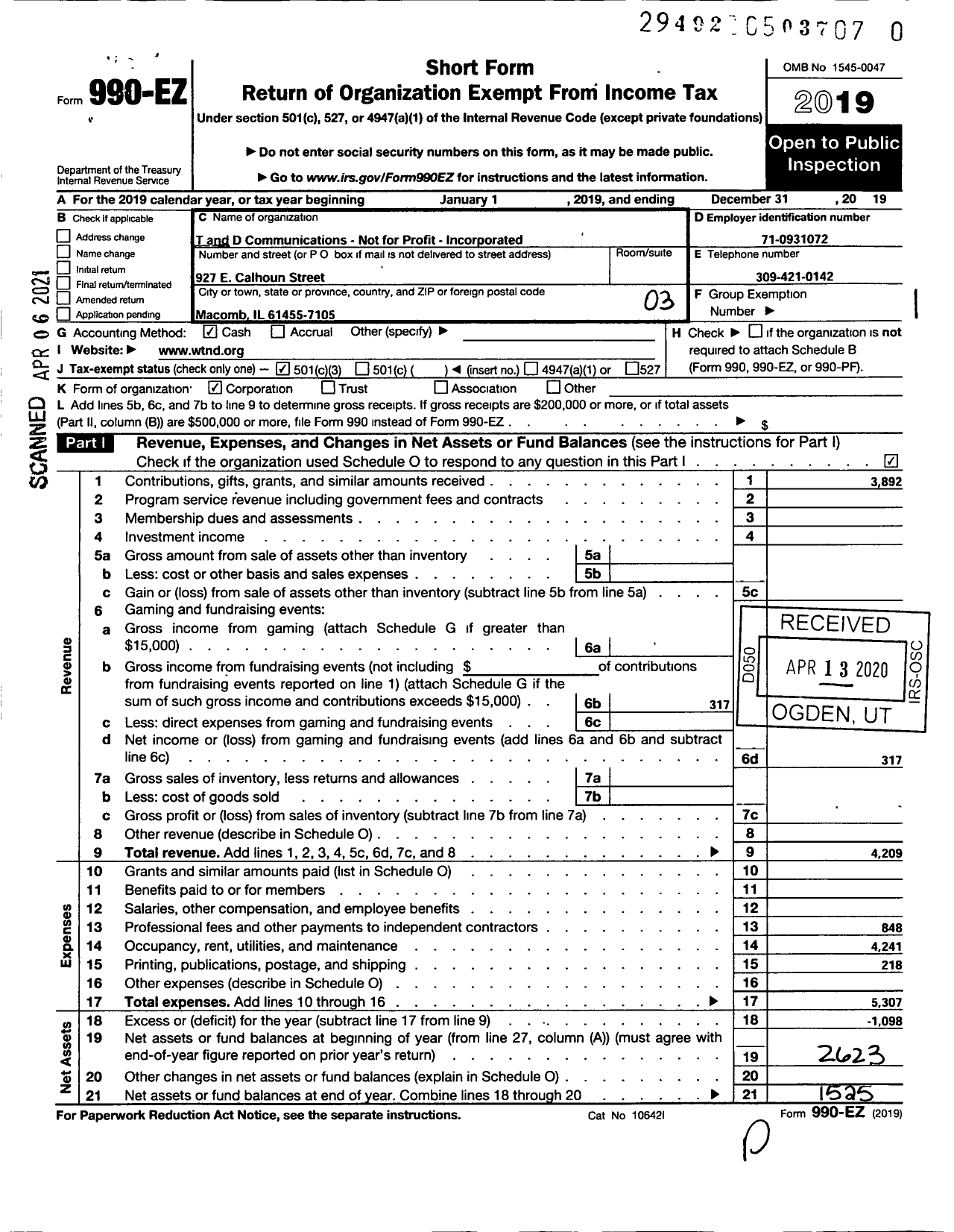 Image of first page of 2019 Form 990EZ for T and D Communications Incorporated