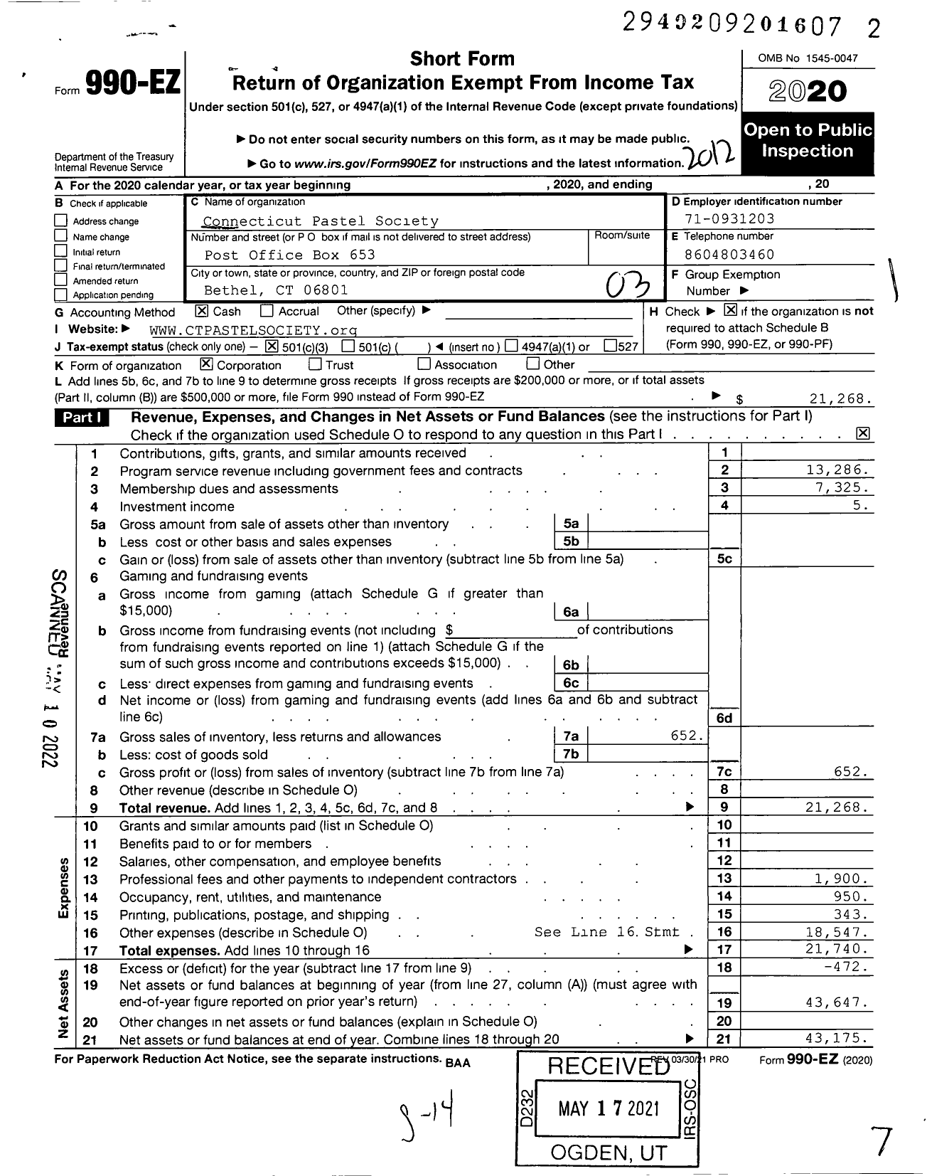 Image of first page of 2020 Form 990EZ for Connecticut Pastel Society