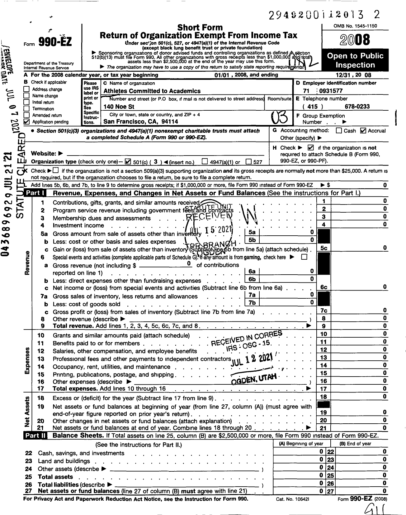 Image of first page of 2008 Form 990EZ for Athletes Committed To Academics