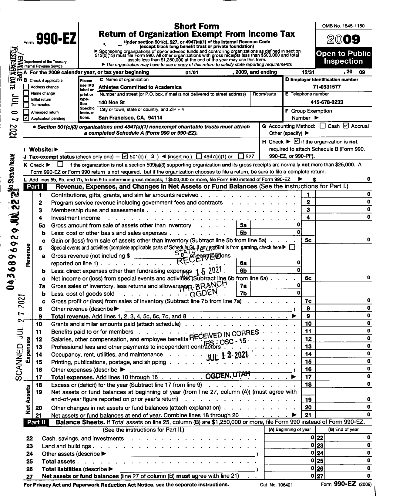 Image of first page of 2009 Form 990EA for Athletes Committed To Academics