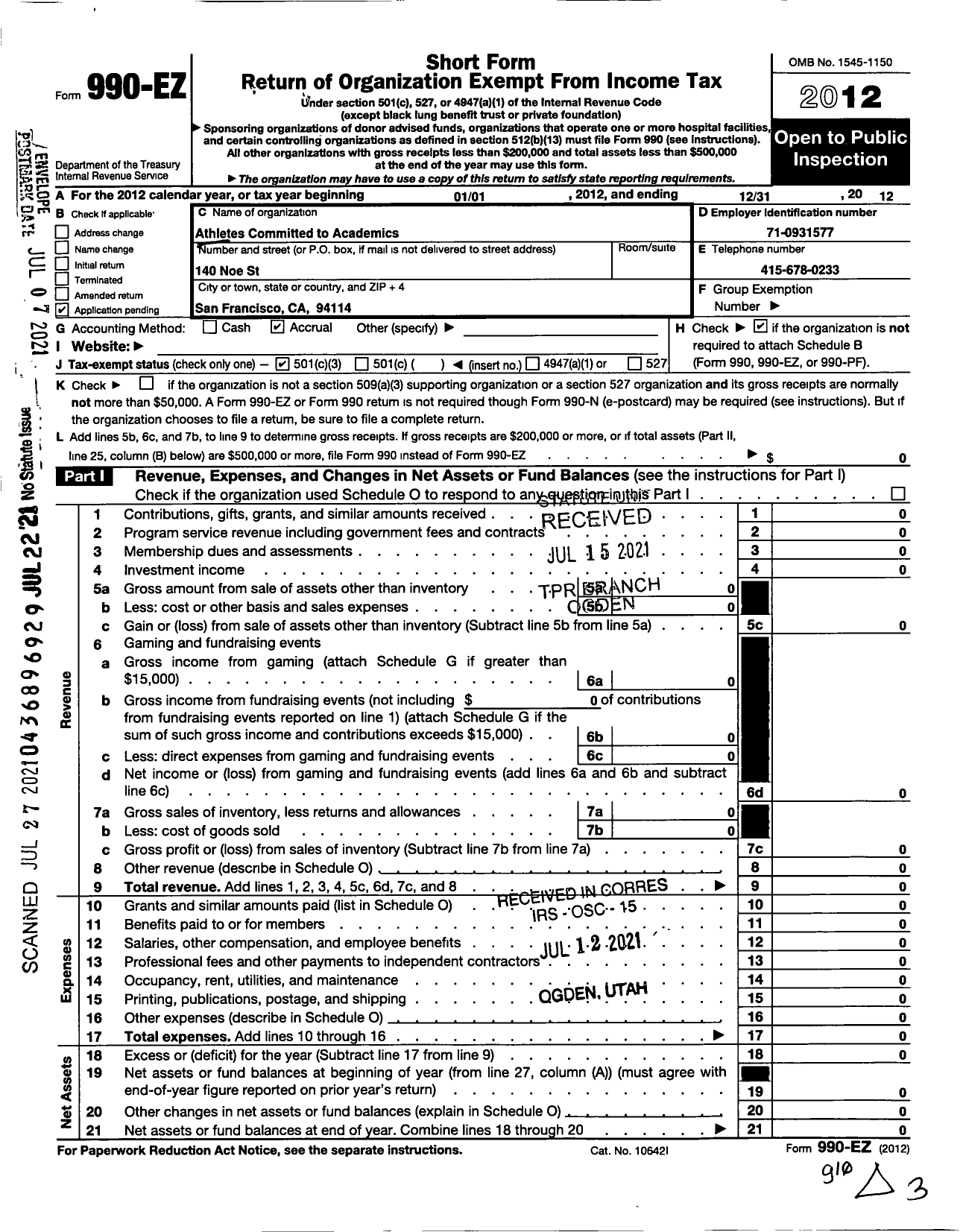 Image of first page of 2012 Form 990EA for Athletes Committed To Academics