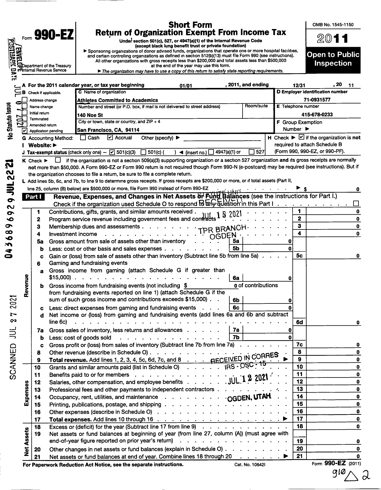 Image of first page of 2011 Form 990EA for Athletes Committed To Academics