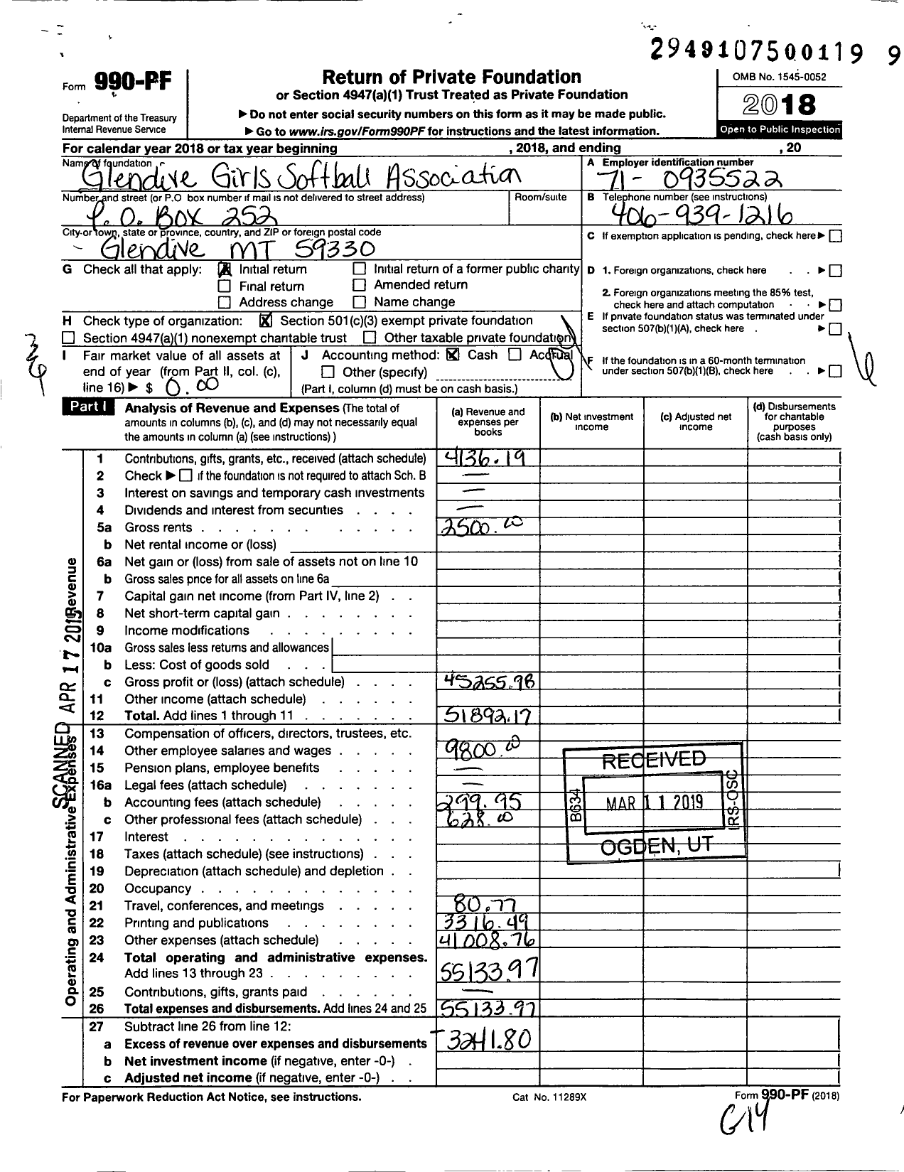 Image of first page of 2018 Form 990PF for Glendive Girls Softball Association